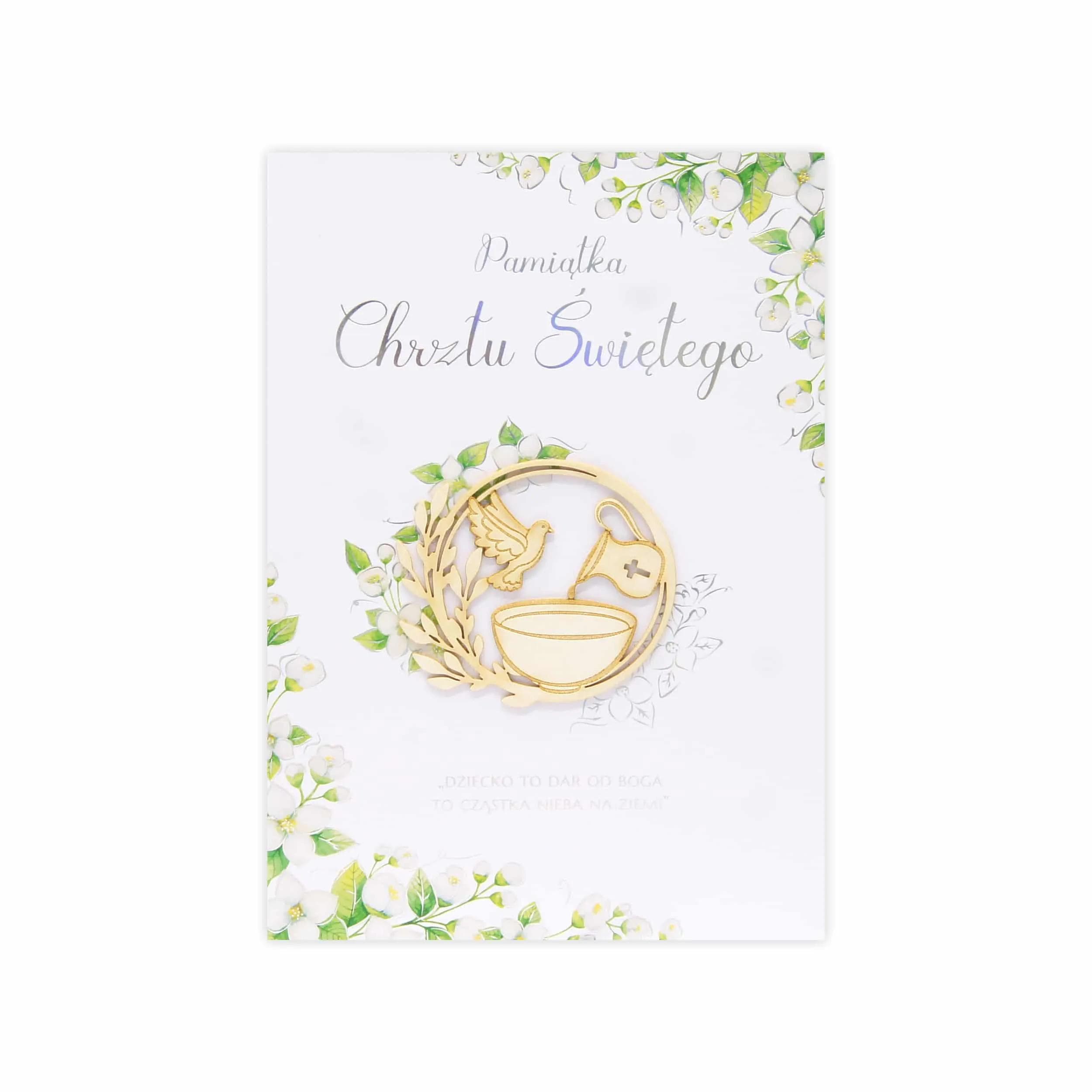 Kartka C5 z okazji Chrztu, element z grawerowanego kartonika, gołąb i zielone liście
