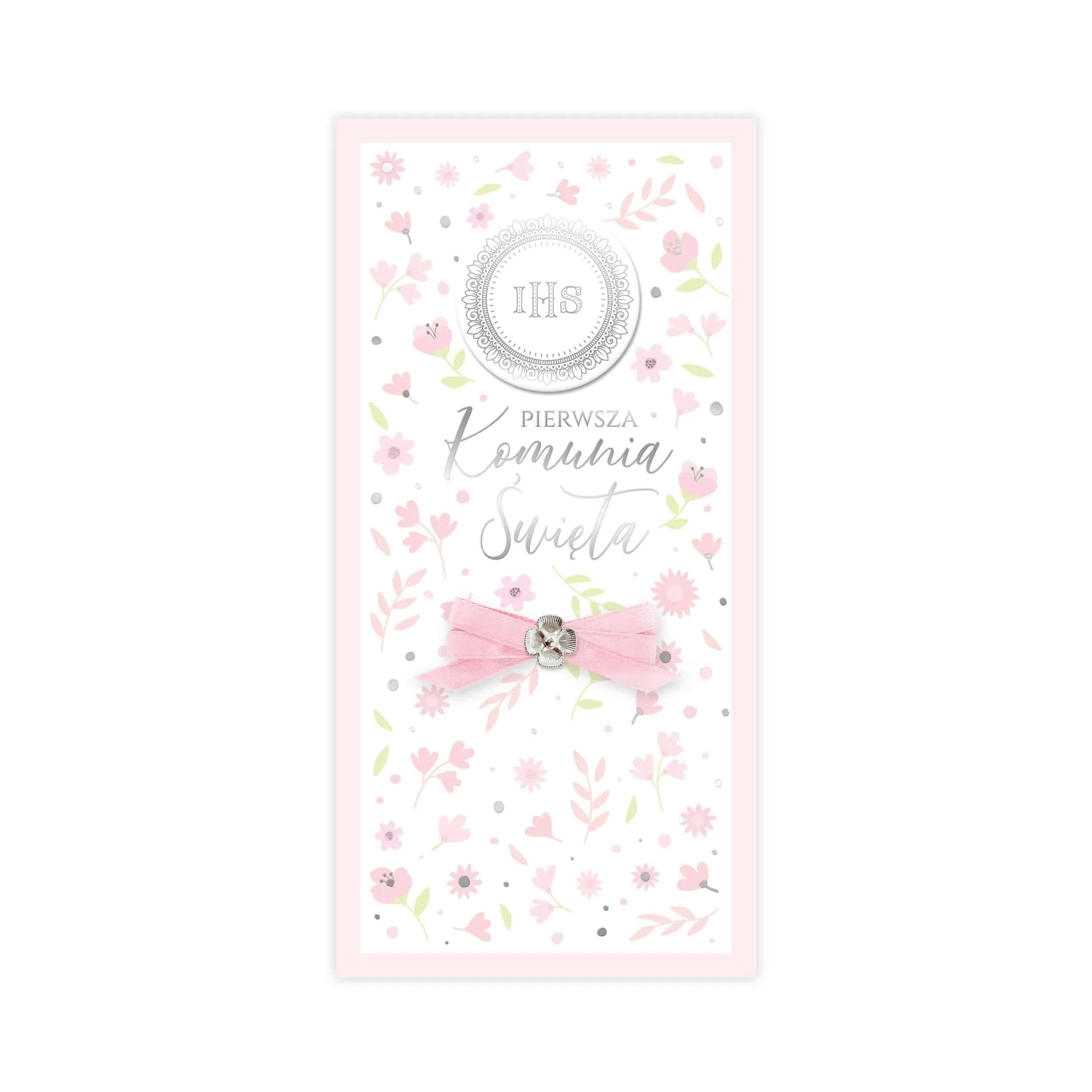 Kartka DL-R dla dziewczynki różowe kwiatki ze srebrną hostią