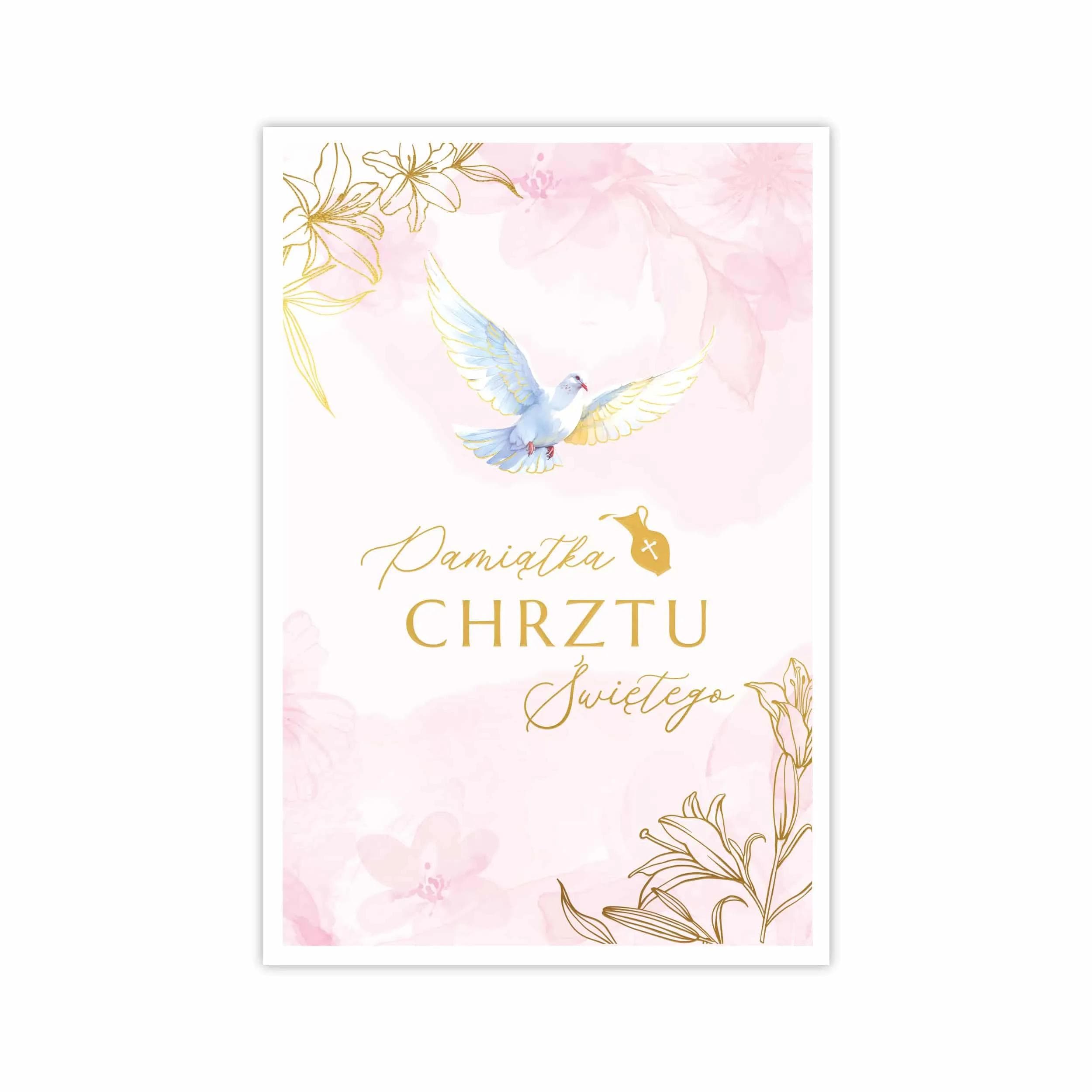 Elegancka kartka dla dziewczynki ozdobiona subtelnymi akwarelowymi grafikami oraz matowymi złoceniami. Zawiera duże napisy imitujące ręczne pismo pasujące do motywu gołębicy.