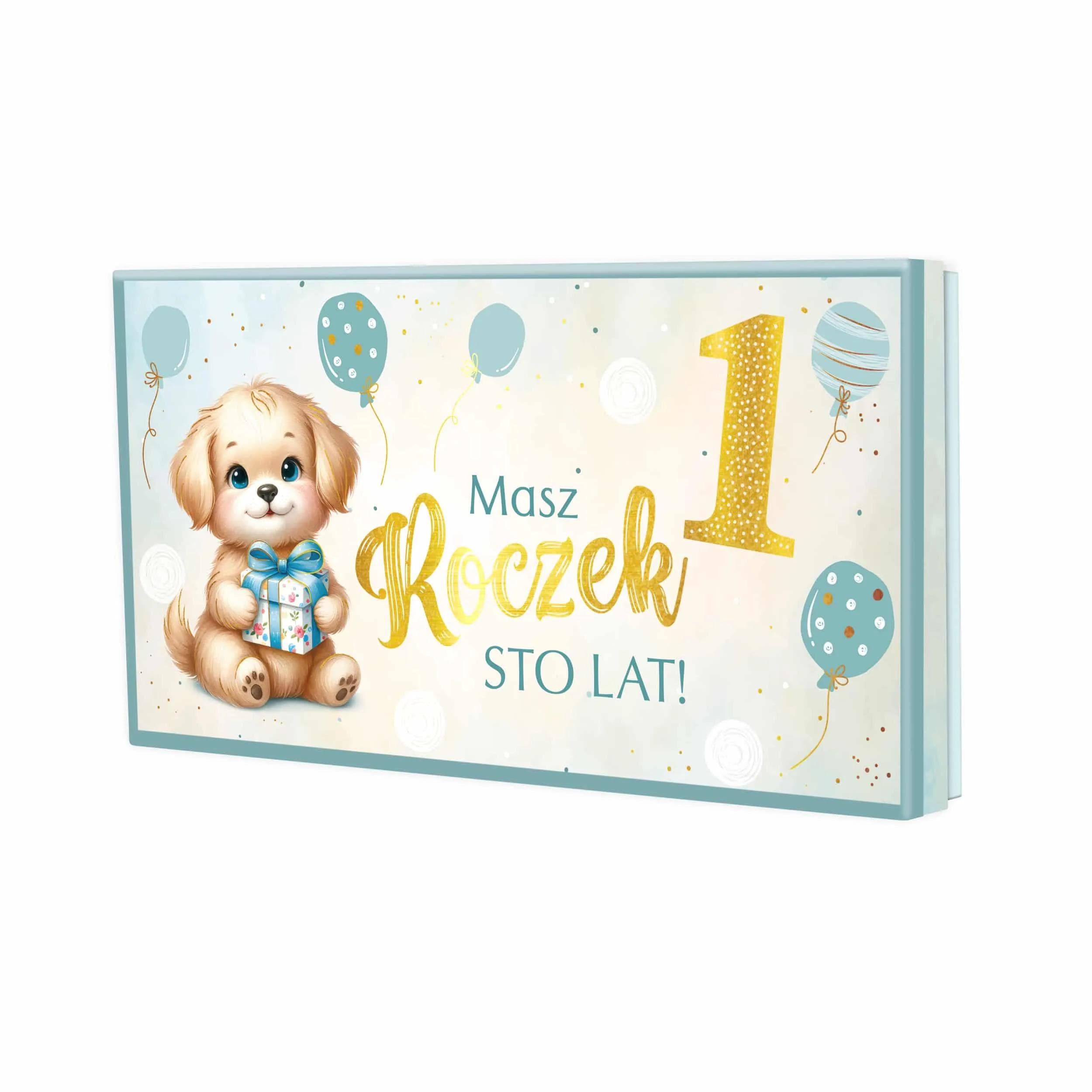 Pudełko prezentowe dla dzieci, wąskie, akwarelowe kolory, idealne na pieniądze, karty podarunkowe i vouchery! Wzór z pieskiem na Pierwsze Urodzinki.