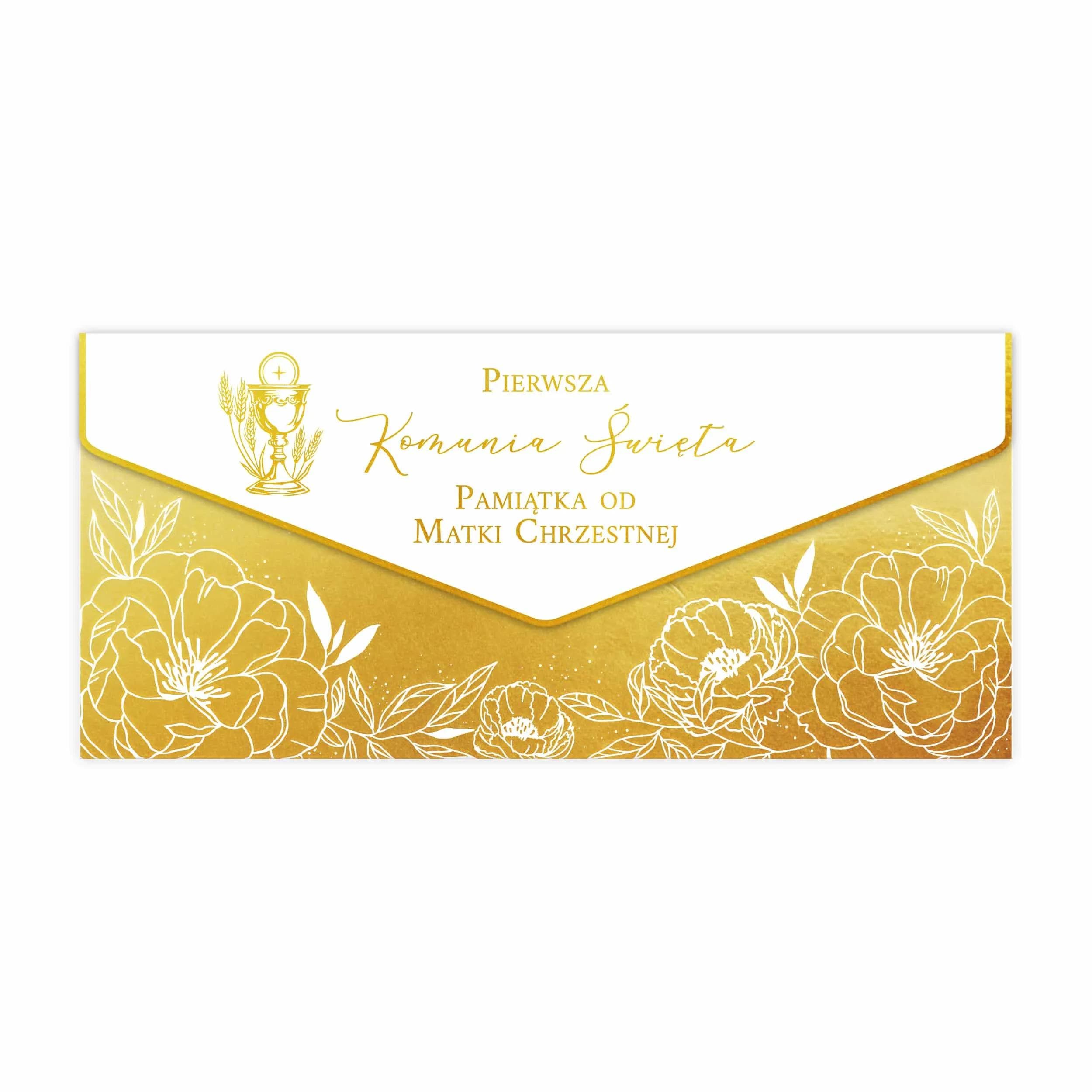 Zdjęcie przedstawia elegancki karnet PREMIUM od Matki Chrzestnej na Pierwszą Komunię Świętą wraz ze złotą ozdobną kopertą, udekorowaną delikatnym motywem kwiatowym. Kartka posiada subtelne złocenia oraz symbol kielicha komunijnego, co podkreśla jej uroczysty charakter. Całość wygląda stylowo i luksusowo.