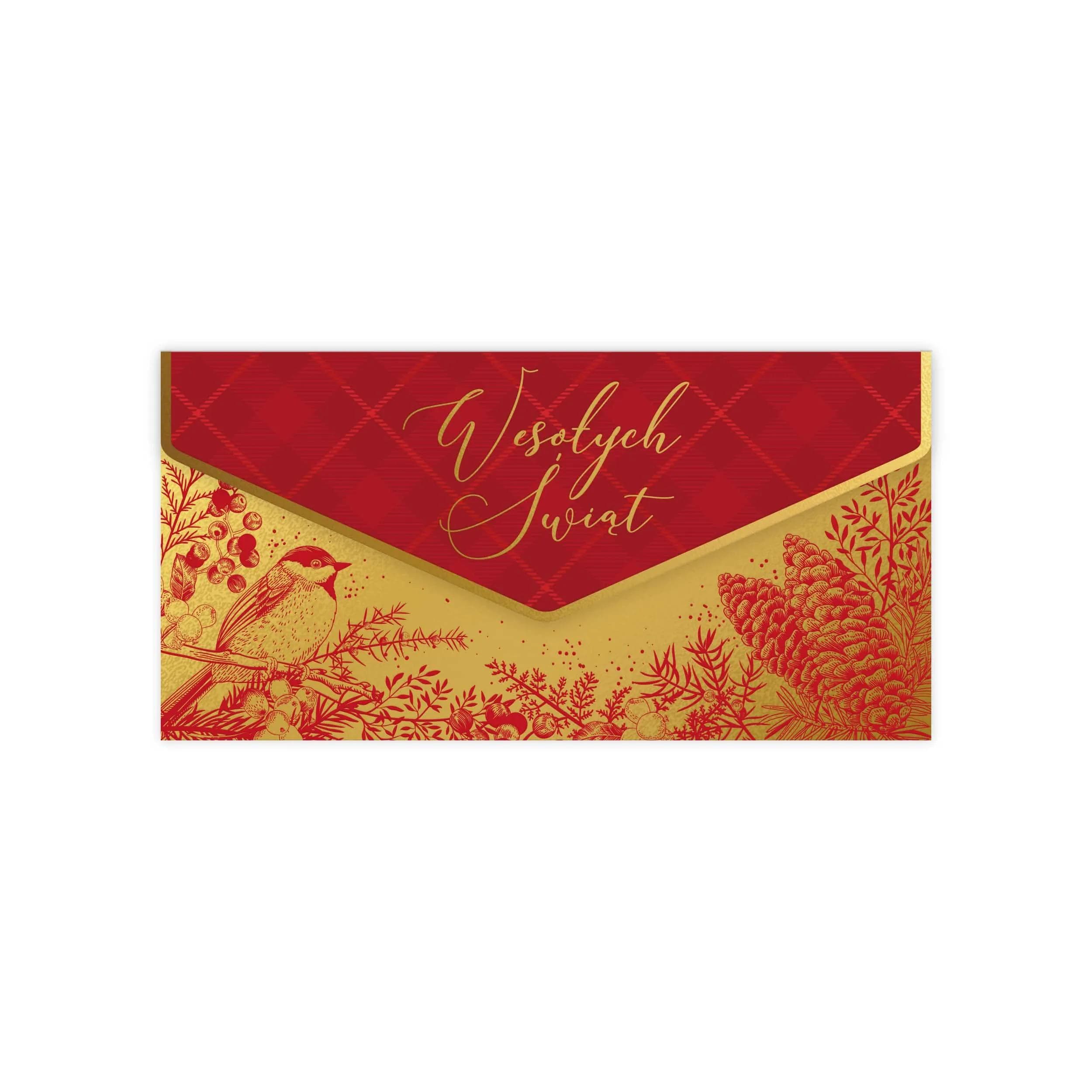 Czerwona ozdobna koperta świąteczna na pieniądze, vouchery i karty podarunkowe z motywem ptaszka, szyszek i złoconym napisem Wesołych Świąt.