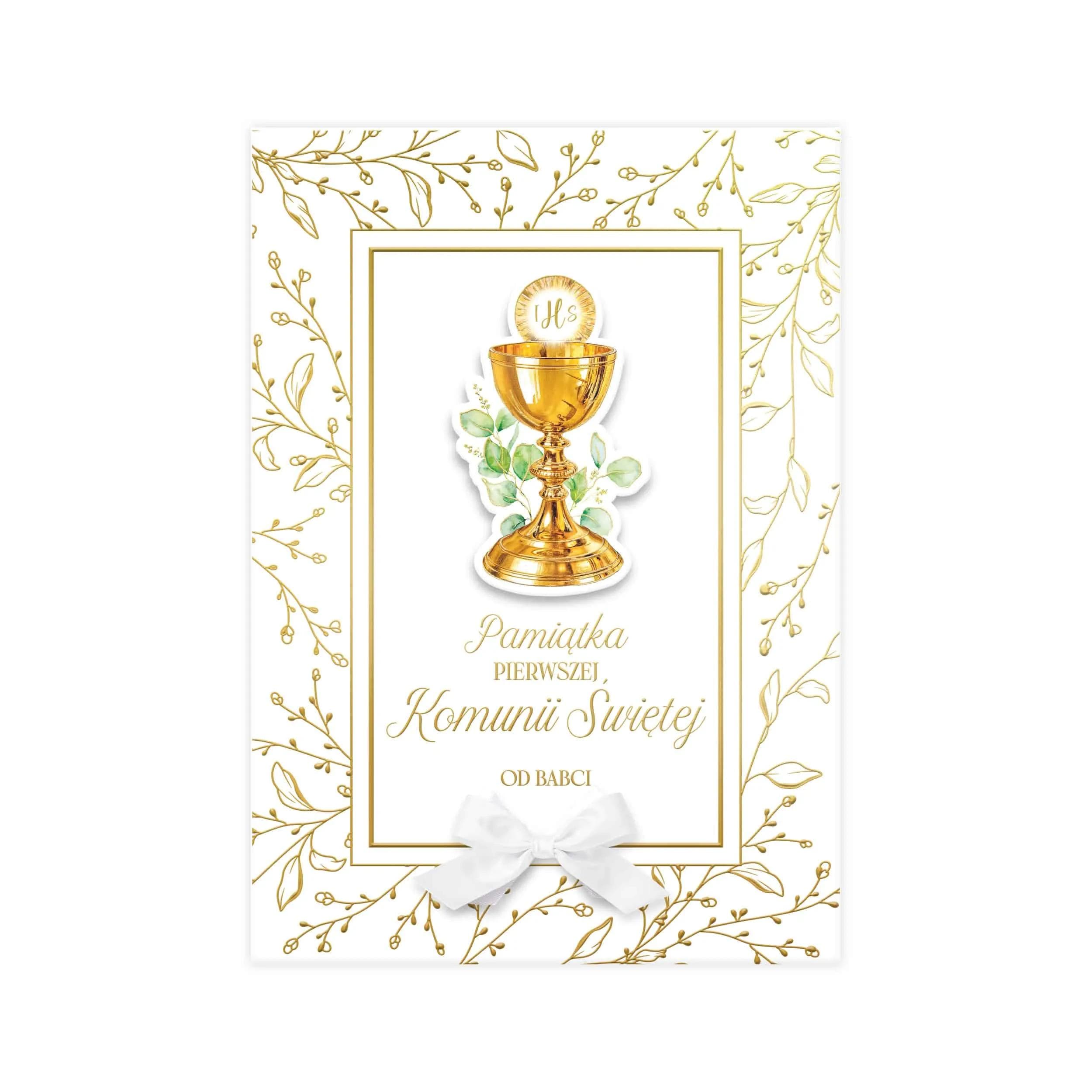 Album z akwarelowym kielichem, kokardką i złoconymi kwiatami od Babci