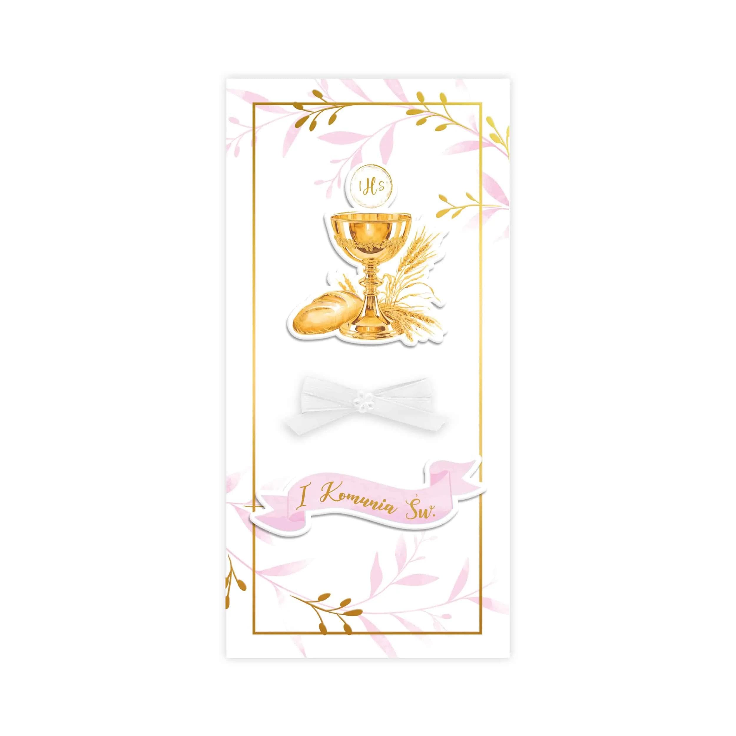 Kartka DL ręczna ze złoconym kielichem, satynowa kokardka, florystyczne akwarelowe listki, różowa dla dziewczynki