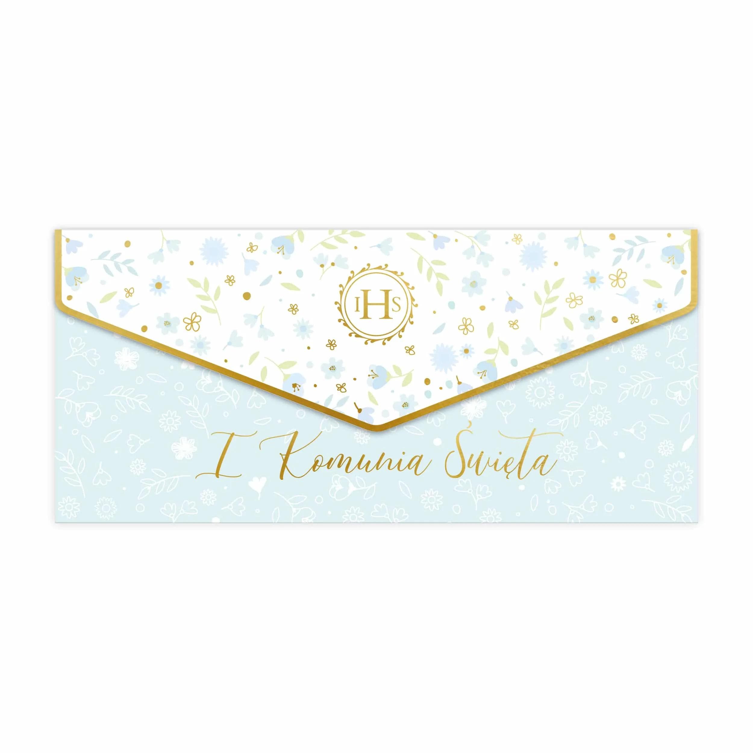 Ozdobna koperta na pieniądze na komunię, złocona z kartką dla chłopca