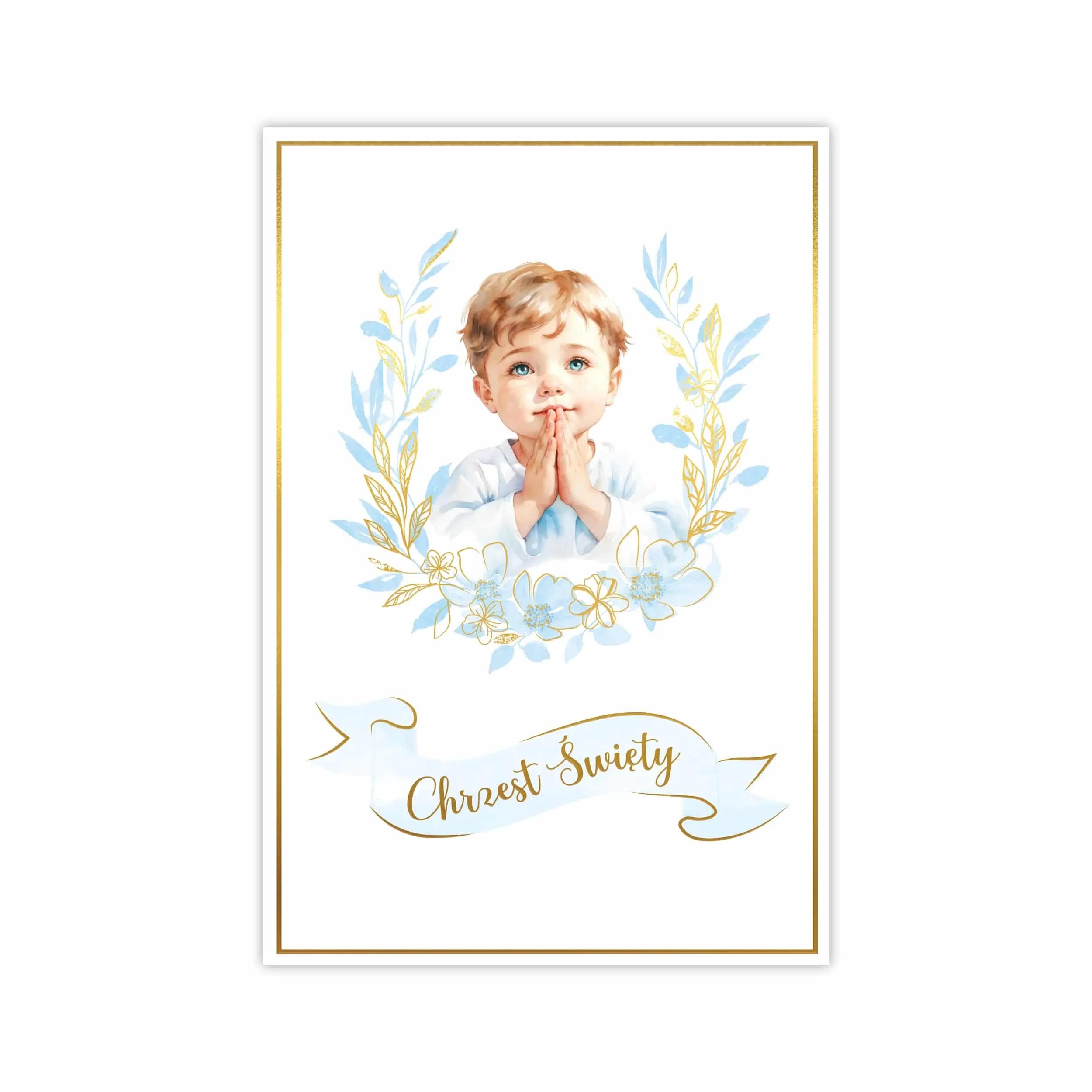 Elegancka kartka ozdobiona subtelnymi akwarelowymi grafikami oraz matowymi złoceniami. Zawiera duże napisy imitujące ręczne pismo pasujące do motywu modlącego się chłopca.