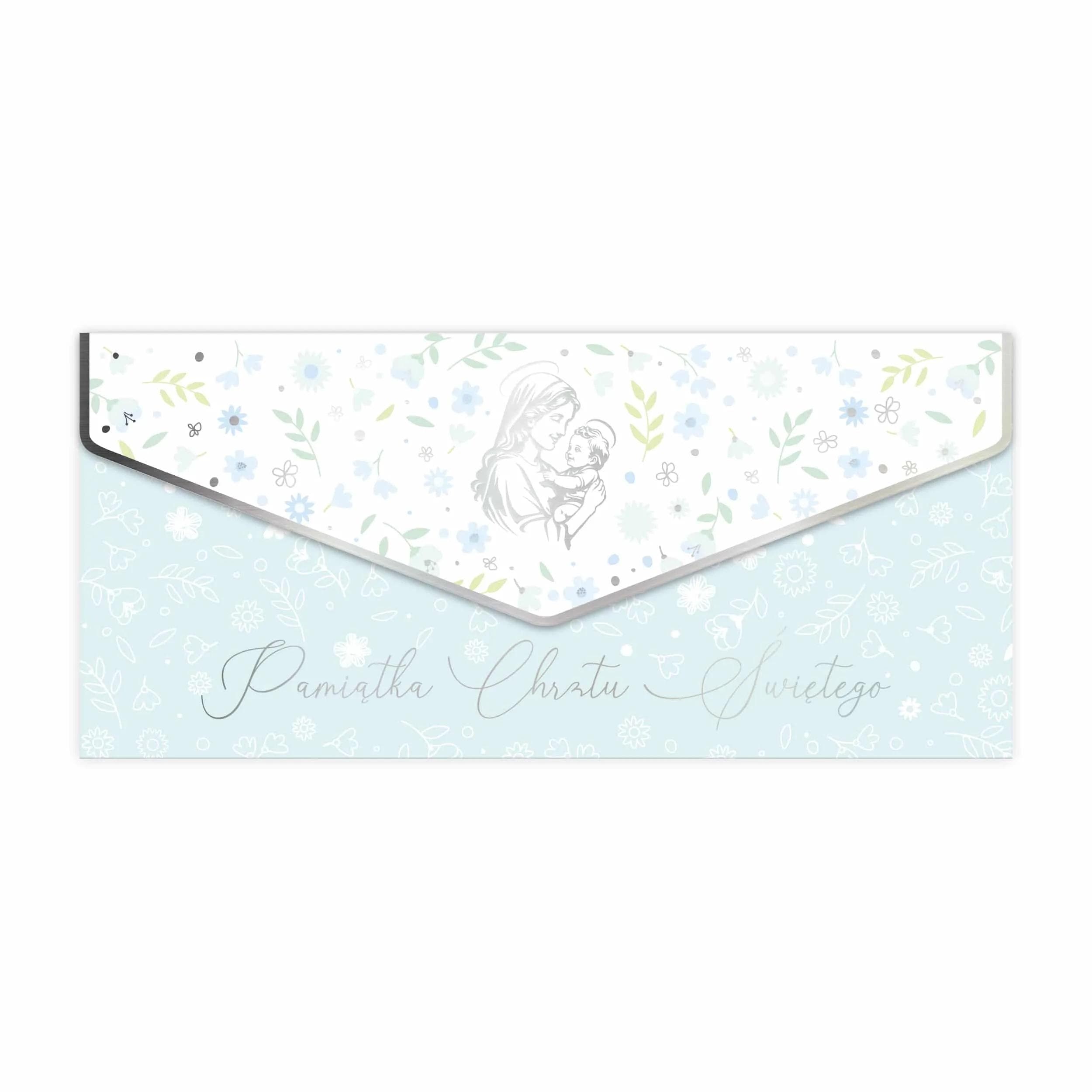 Karnet PREMIUM niebieski dla chłopca na chrzest to elegancka kartka w pastelowych kolorach z delikatnym motywem kwiatowym i złoconą grafiką sakralną. Dołączona jest ozdobna, złocona koperta dopasowana rozmiarem do banknotów. Całość wykonana z wysokiej jakości papieru, prezentuje się luksusowo i subtelnie.