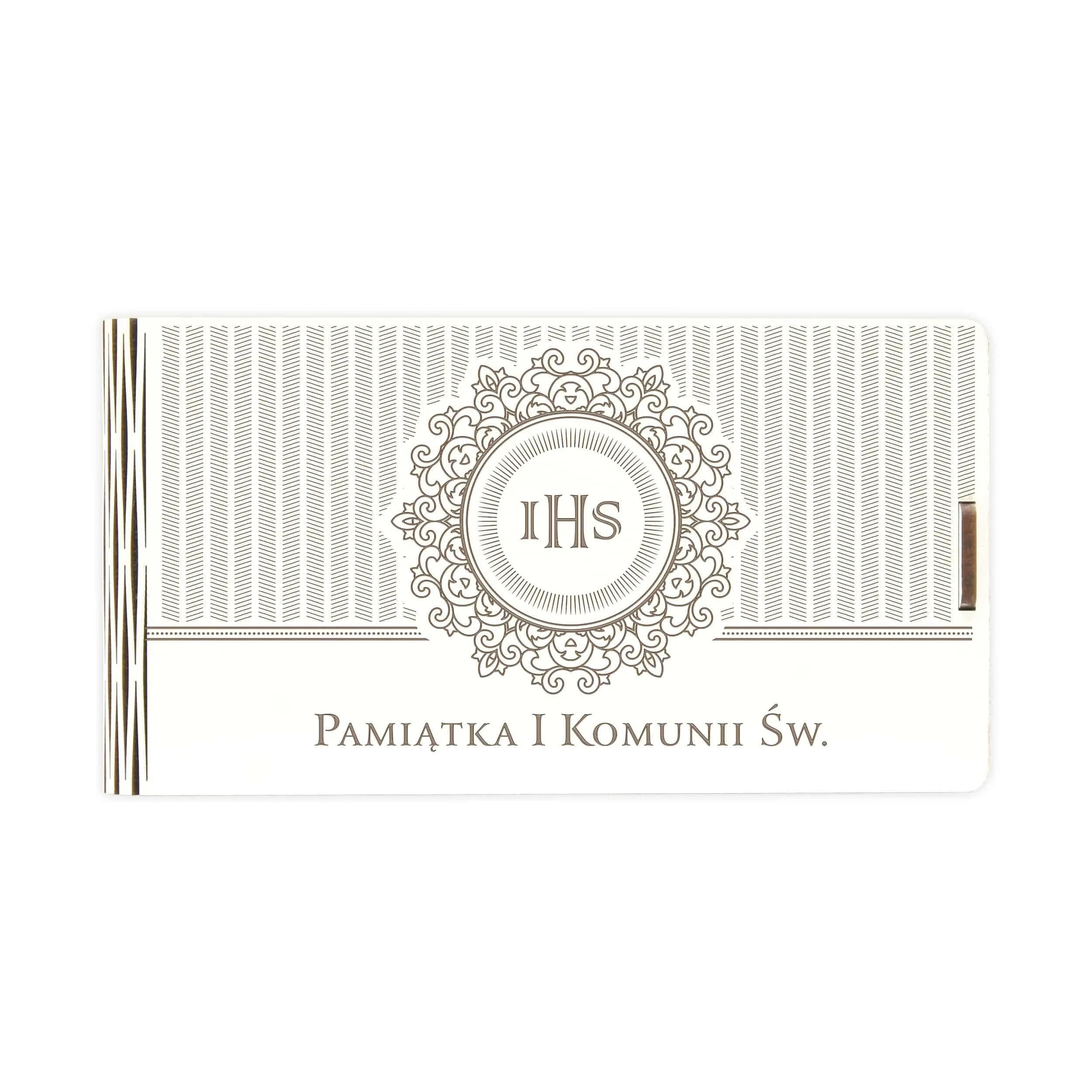 Pudełko drewniane na pieniądze z okazji I Komunii Świętej grawerowane - wzór z hostią