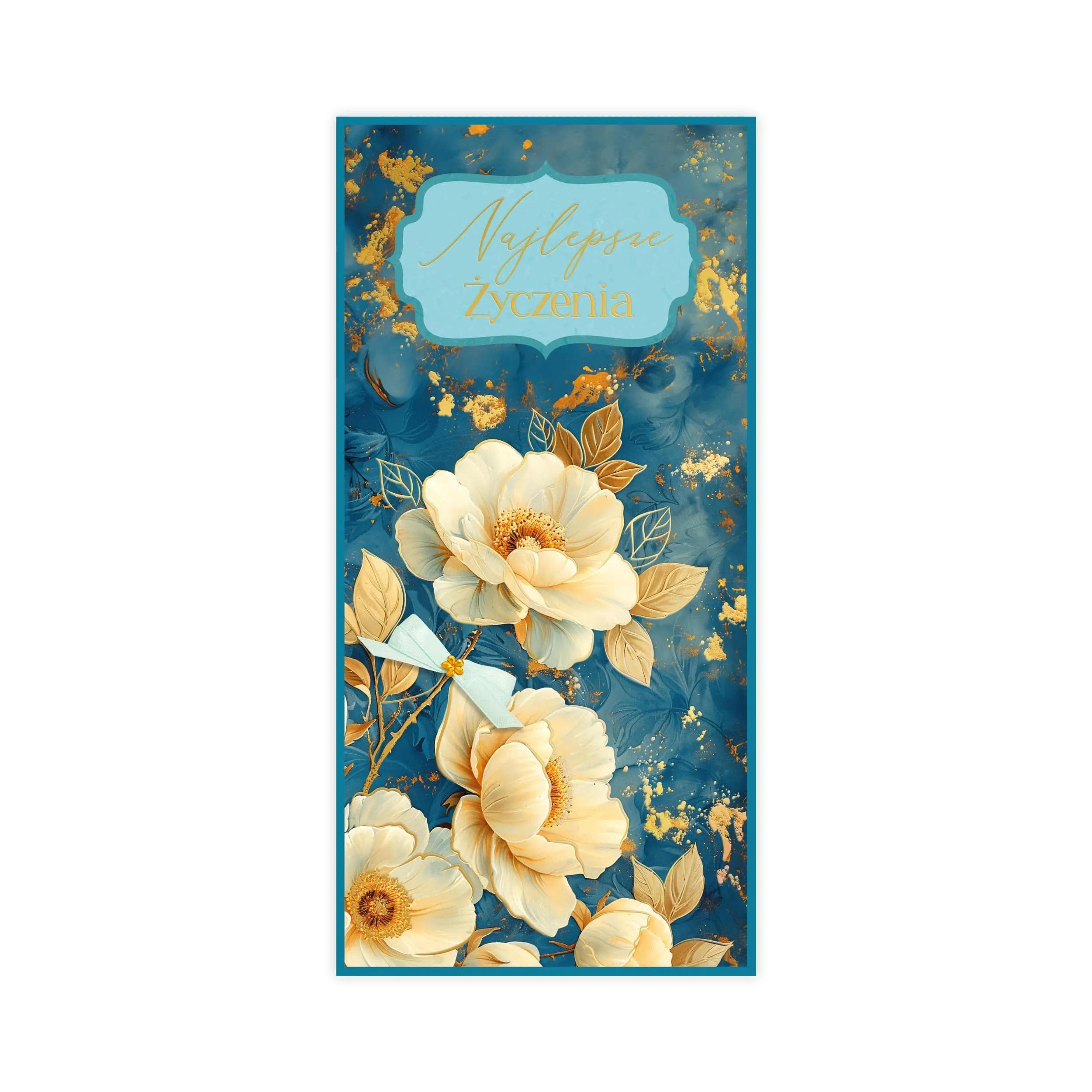 Niebieska kartka z białymi kwiatami i napisem Serdeczne życzenia, ozdobiona złoceniem.