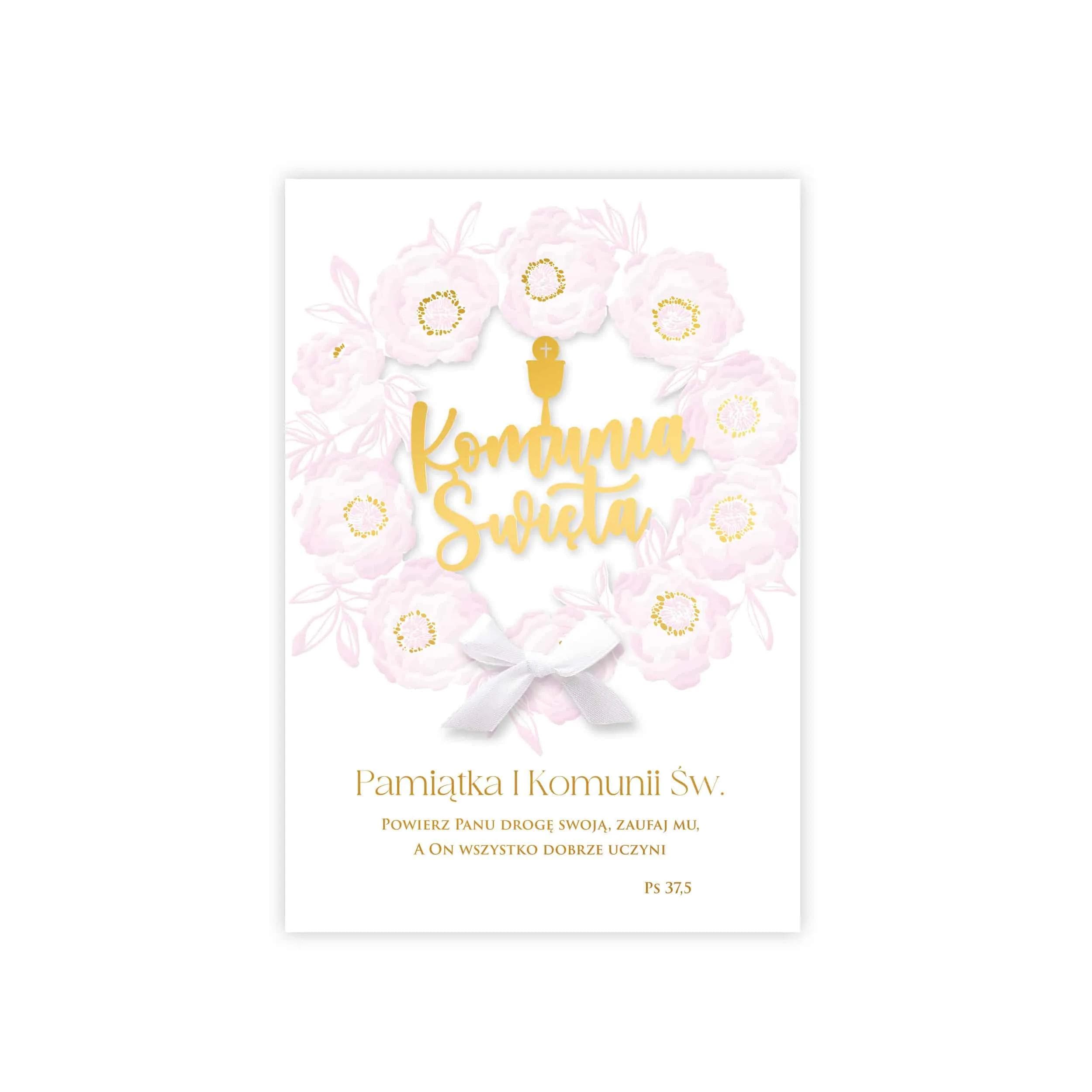 Karnet LC z okazji I Komunii Świętej łączy tradycyjne wzornictwo z eleganckim wykończeniem, wianek z kwiatów, złocony napis I Komunia Św., kokardka, dla dziewczynki