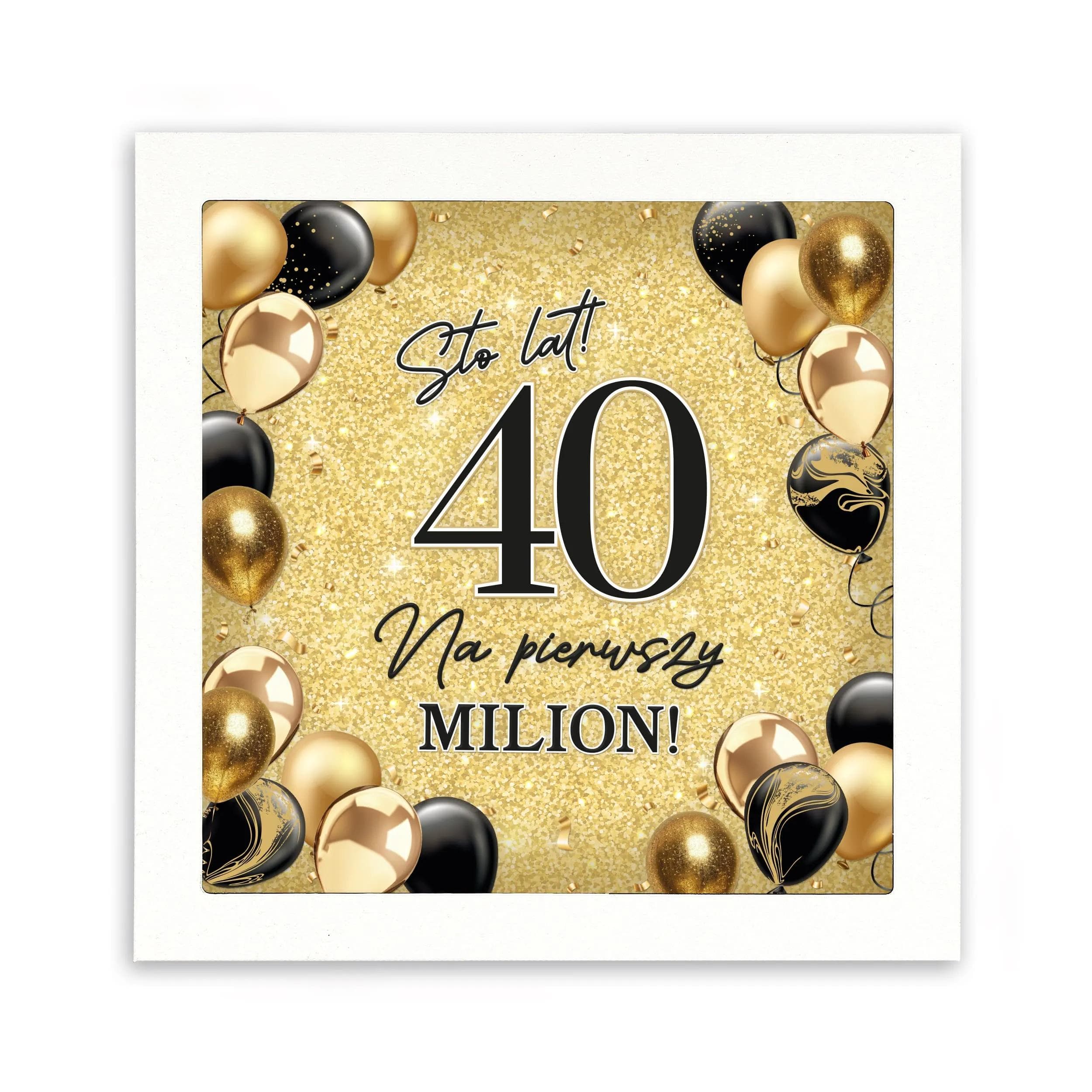 Skarbonka na 40 urodziny, złocone tło, złote balony i czarny napis