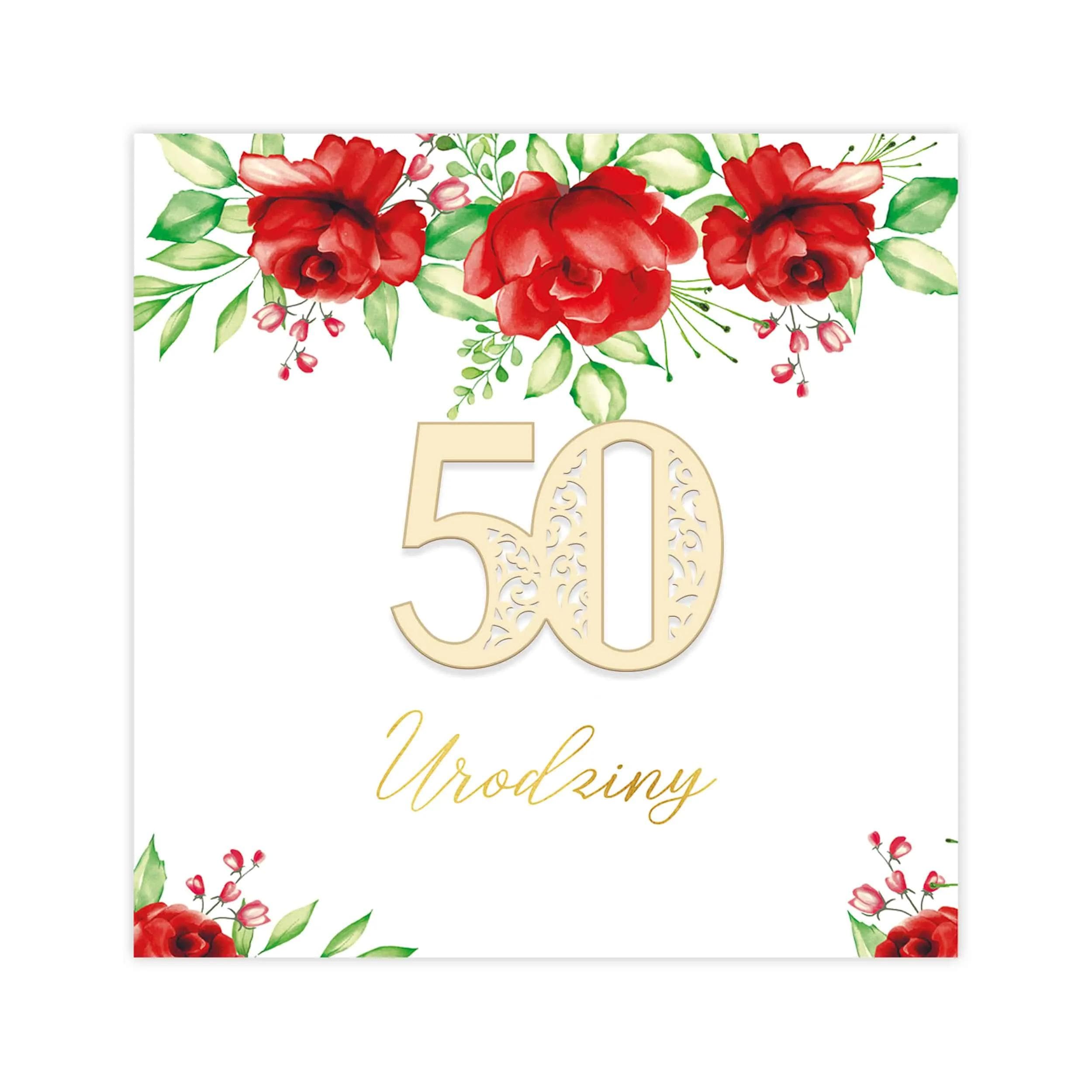 Kartka na urodziny, akwarelowe kwiatki, ozdobny papier, czerwona, 50