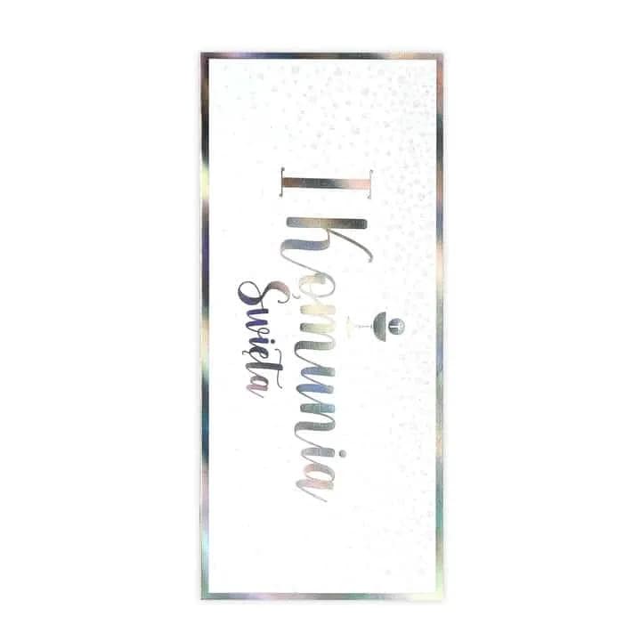 Kartka na I komunię Św, duża, biała z brokatowymi kropeczkami