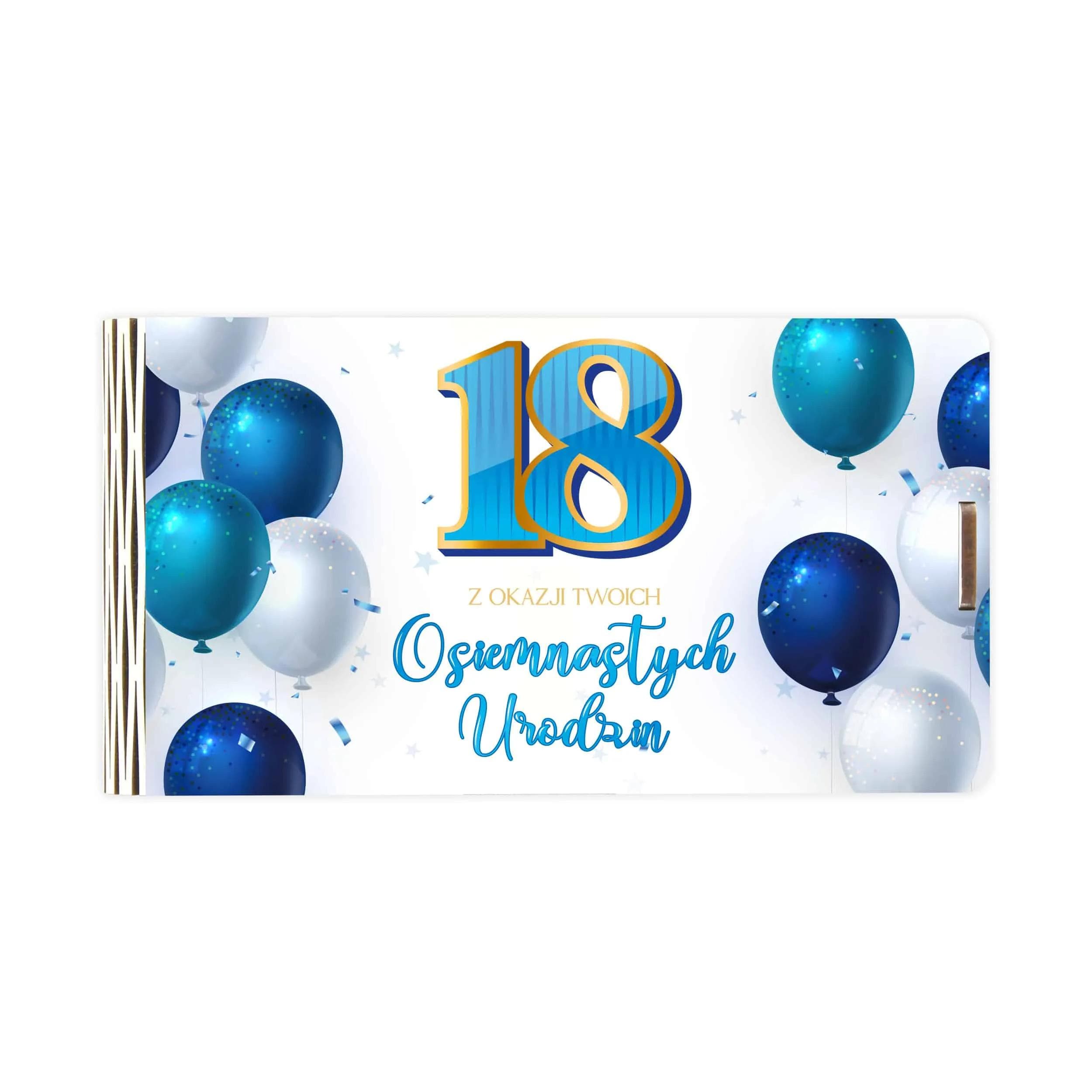 Pudełko drewniane na banknoty na 18 urodziny z niebieskimi balonami