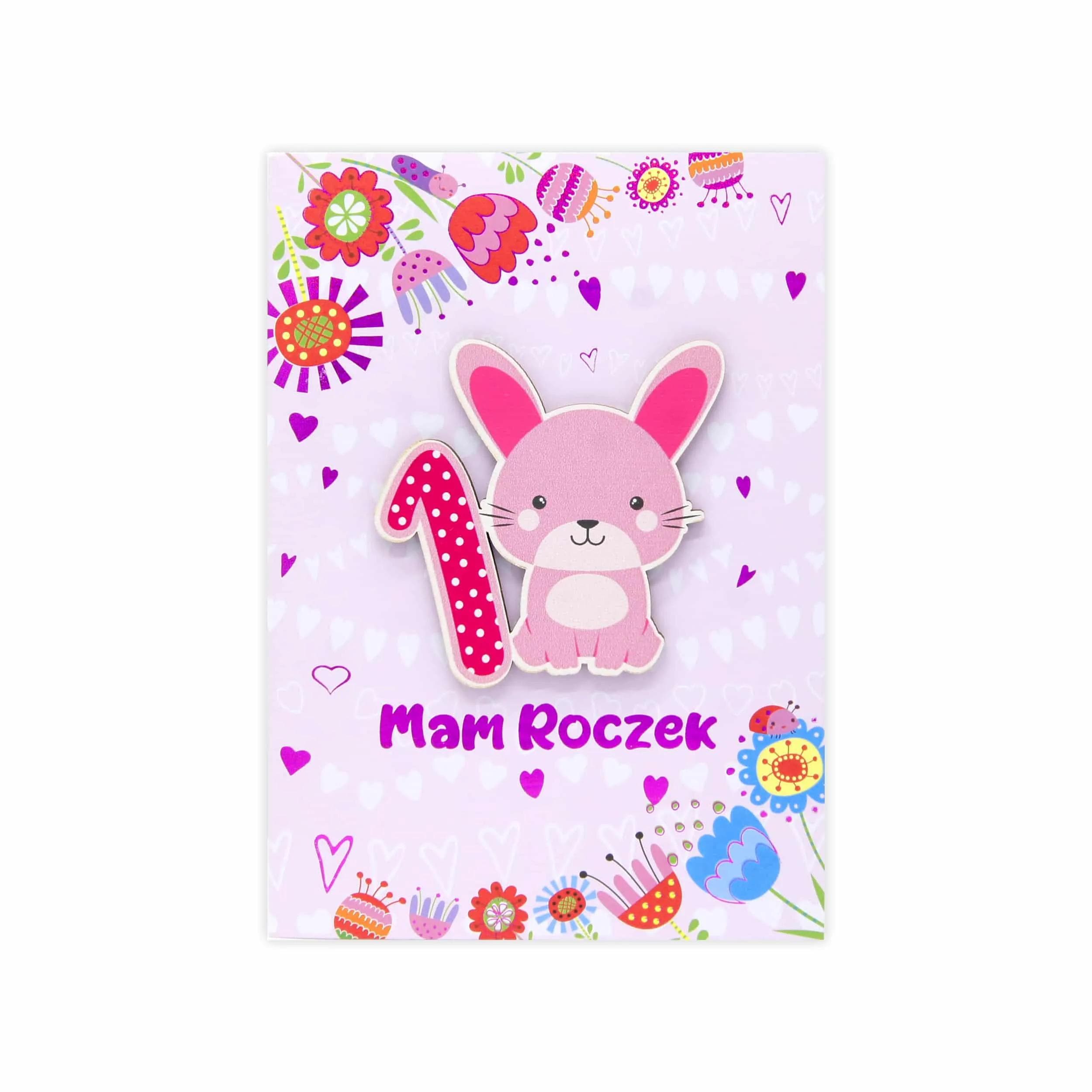 Kartka na roczek z różowym króliczkiem