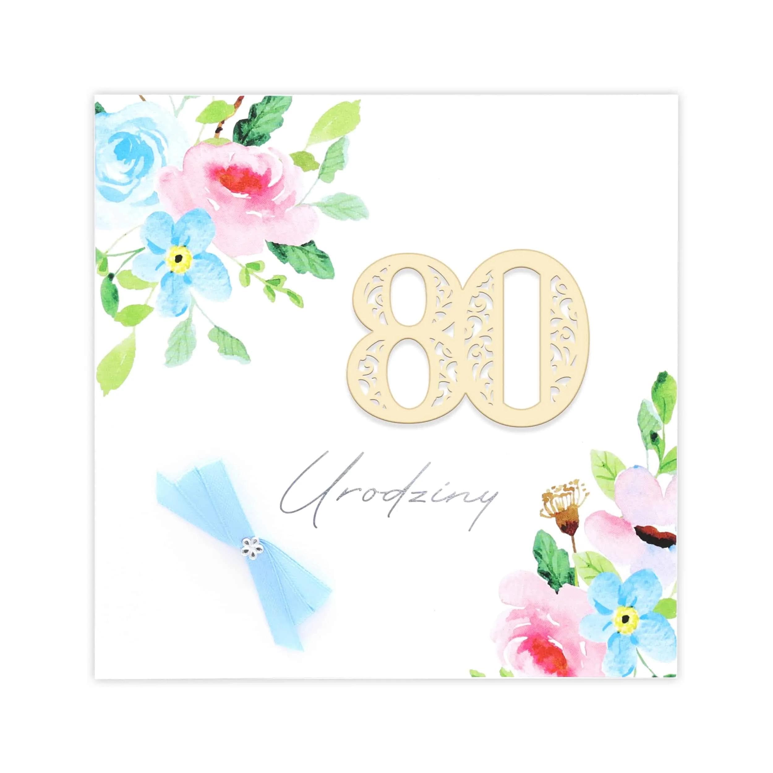 Kartka na urodziny, akwarelowe kwiatki, ozdobny papier, fioletowa, 80