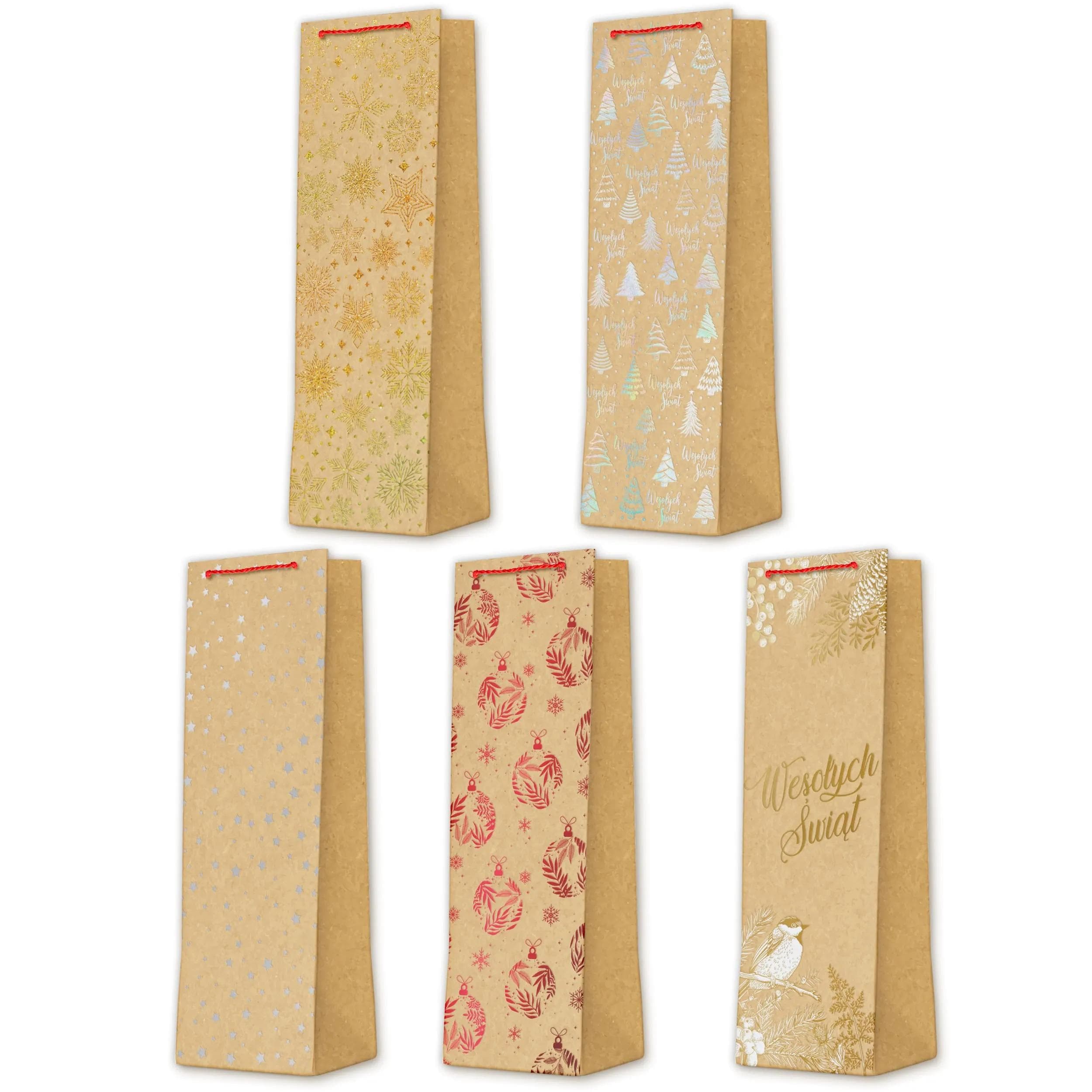 Komplet świątecznych toreb na wino z papieru kraft – mix 5 wzorów z gwiazdkami, śnieżynkami, choinkami, bombkami i napisem „Wesołych Świąt”