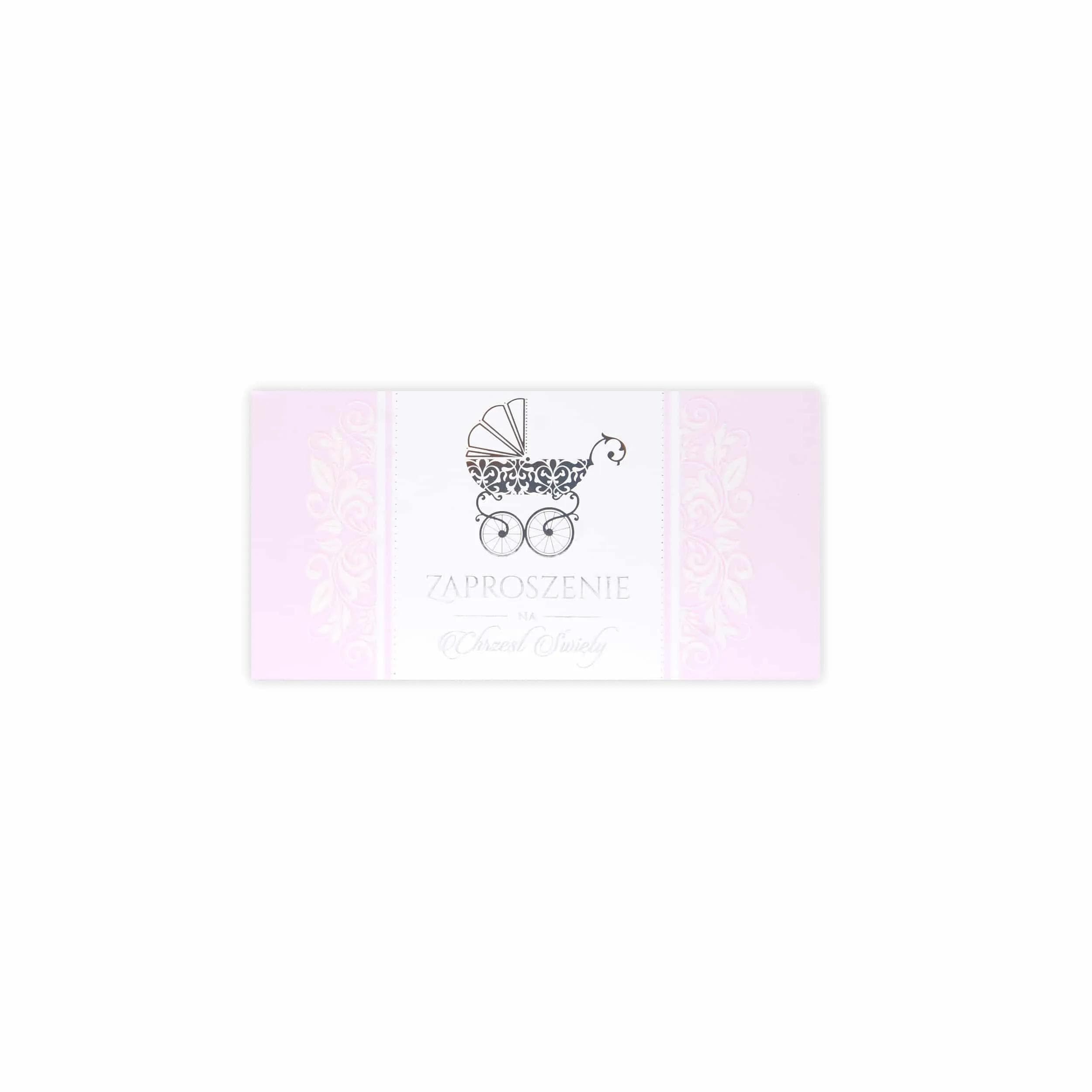 Różowe zaproszenie DL na Chrzest z wózkiem