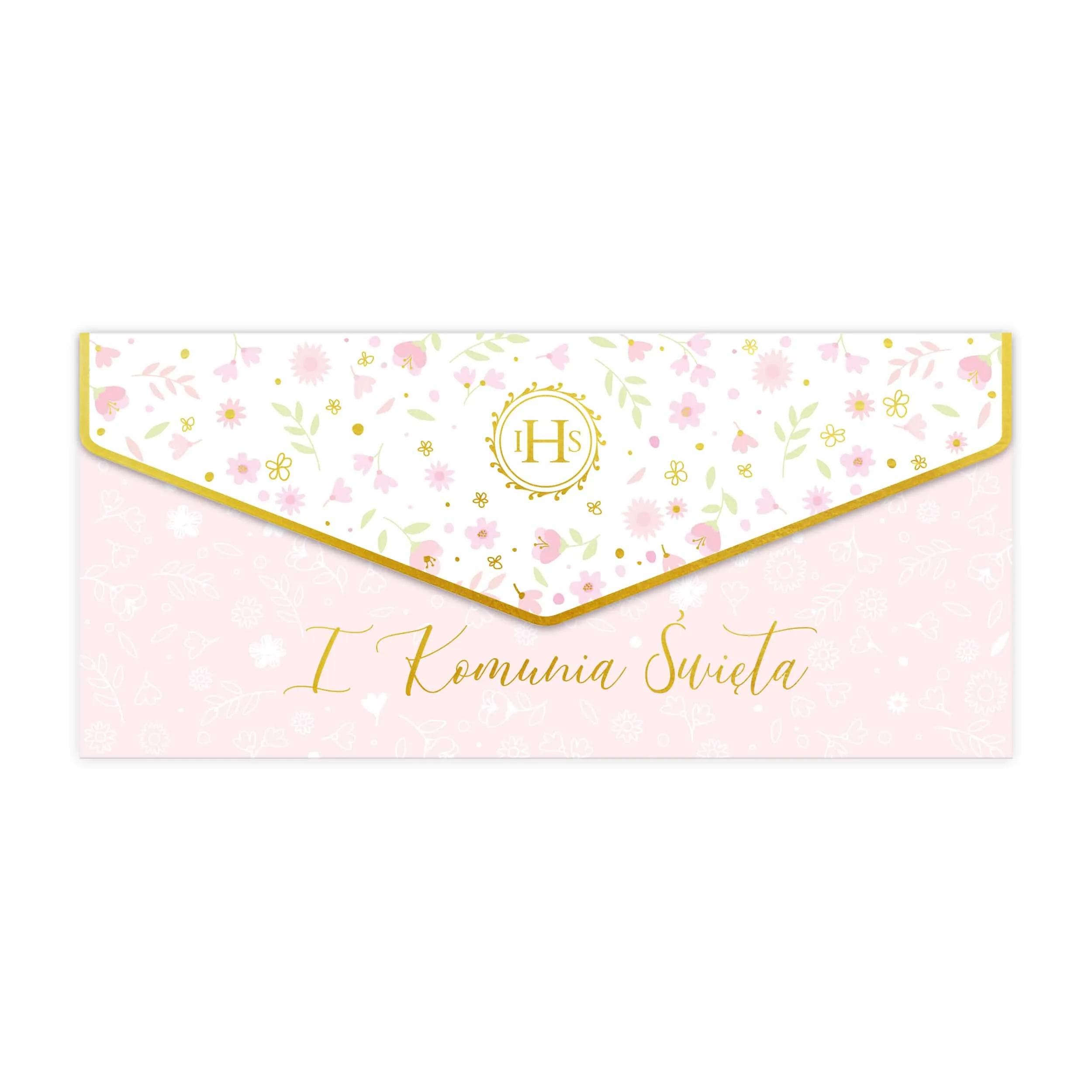 Ozdobna koperta na pieniądze na komunię, złocona z kartką dla dziewczynki