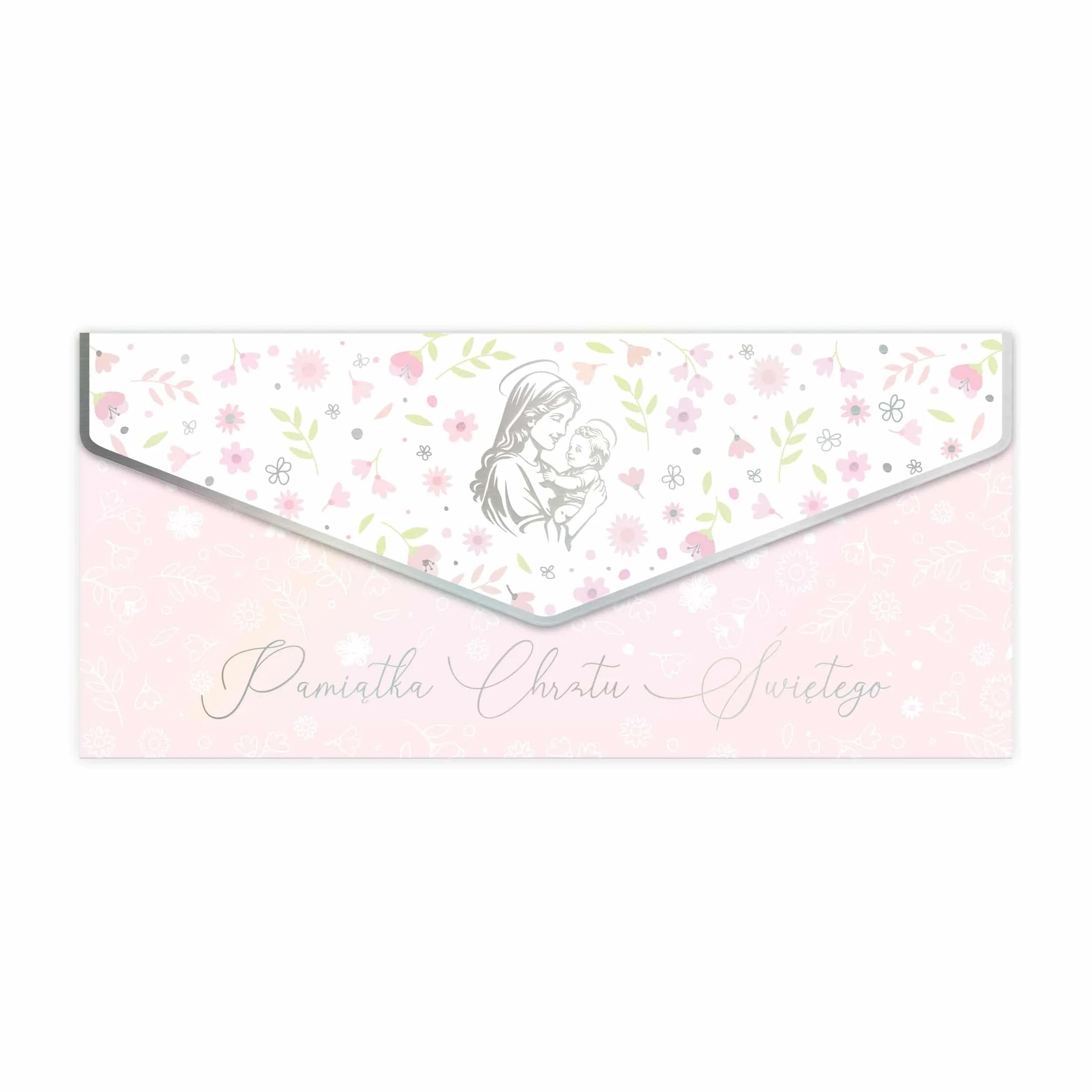 Karnet PREMIUM różowy dla dziewczynki na chrzest to elegancka kartka w pastelowych kolorach z delikatnym motywem kwiatowym i złoconą grafiką sakralną. Dołączona jest ozdobna, złocona koperta dopasowana rozmiarem do banknotów. Całość wykonana z wysokiej jakości papieru, prezentuje się luksusowo i subtelnie.