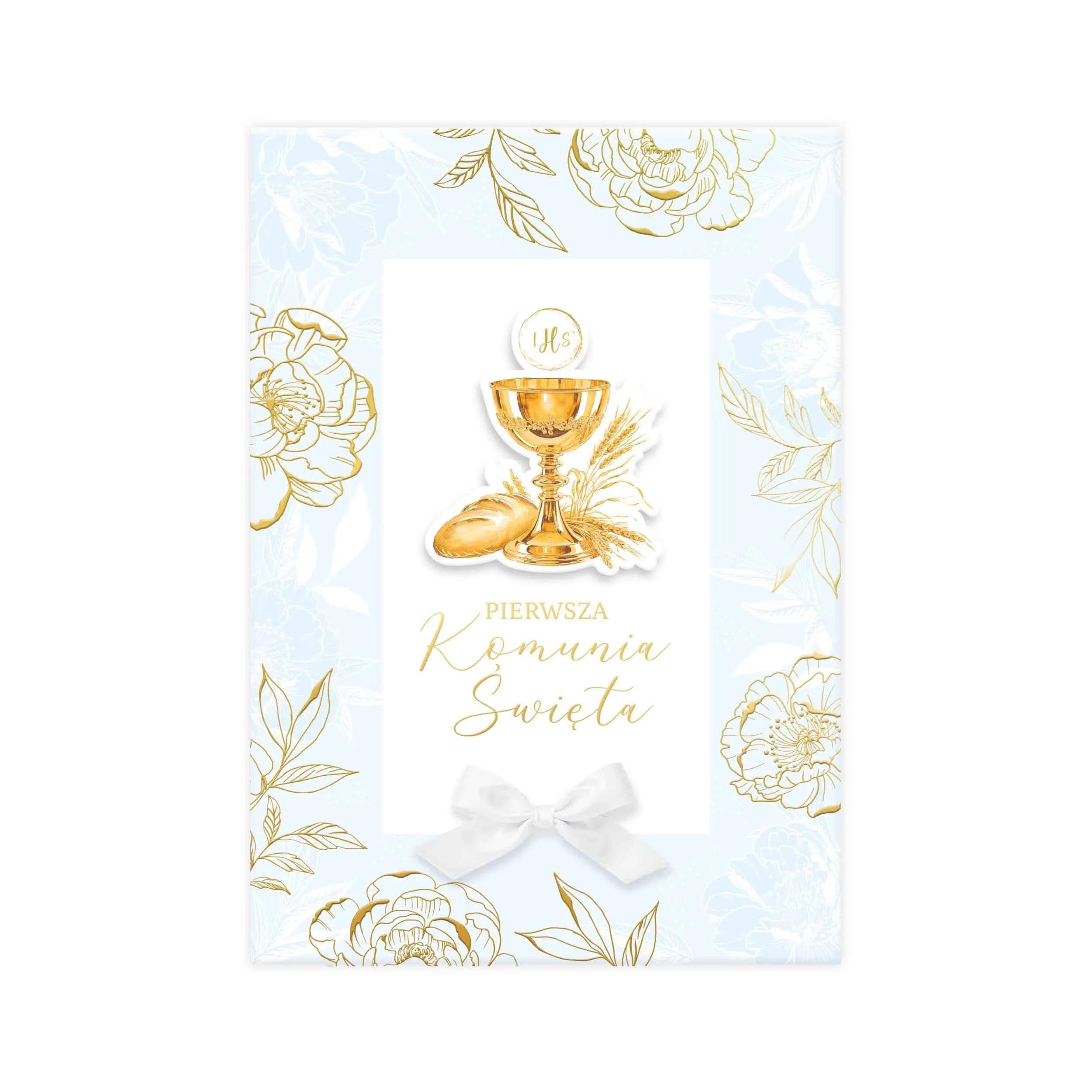 Album z akwarelowym kielichem, kokardką i złoconymi kwiatami dla chłopca