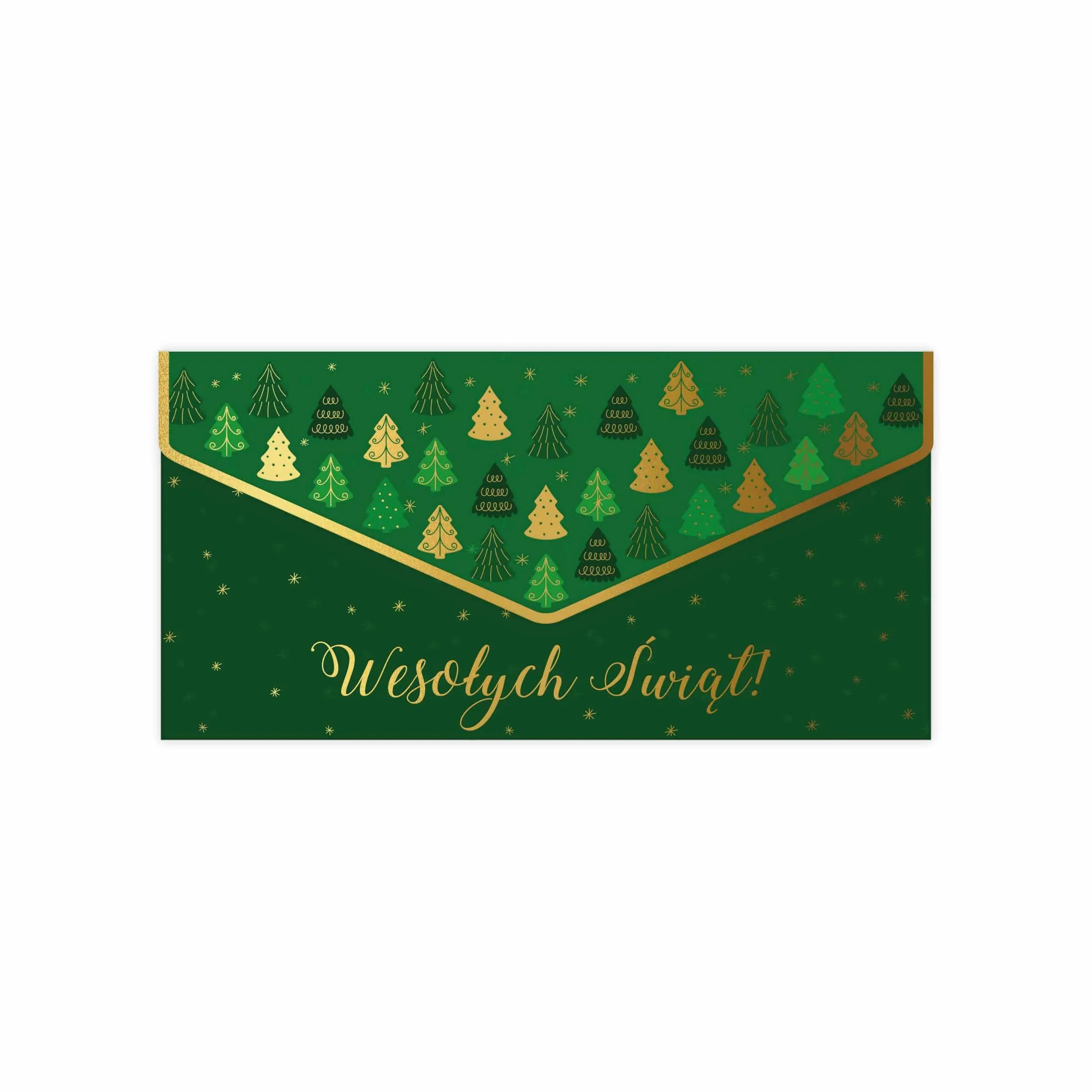Zielona świąteczna ozdobna koperta na pieniądze, vouchery i karty podarunkowe z motywem złotych i zielonych choinek oraz napisem Wesołych Świąt