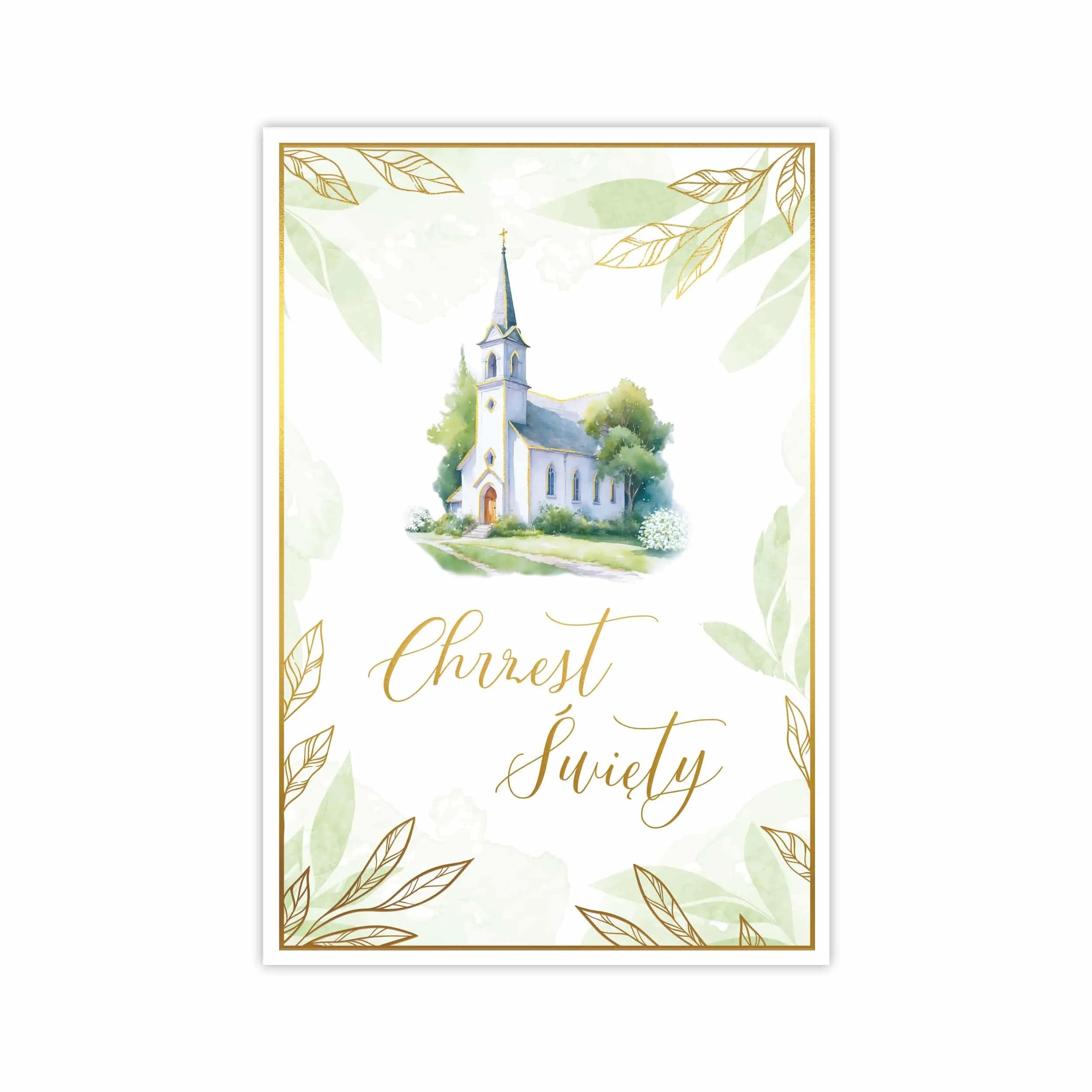 Elegancka kartka ozdobiona subtelnymi akwarelowymi grafikami oraz matowymi złoceniami. Zawiera duże napisy imitujące ręczne pismo pasujące do motywu kościoła.