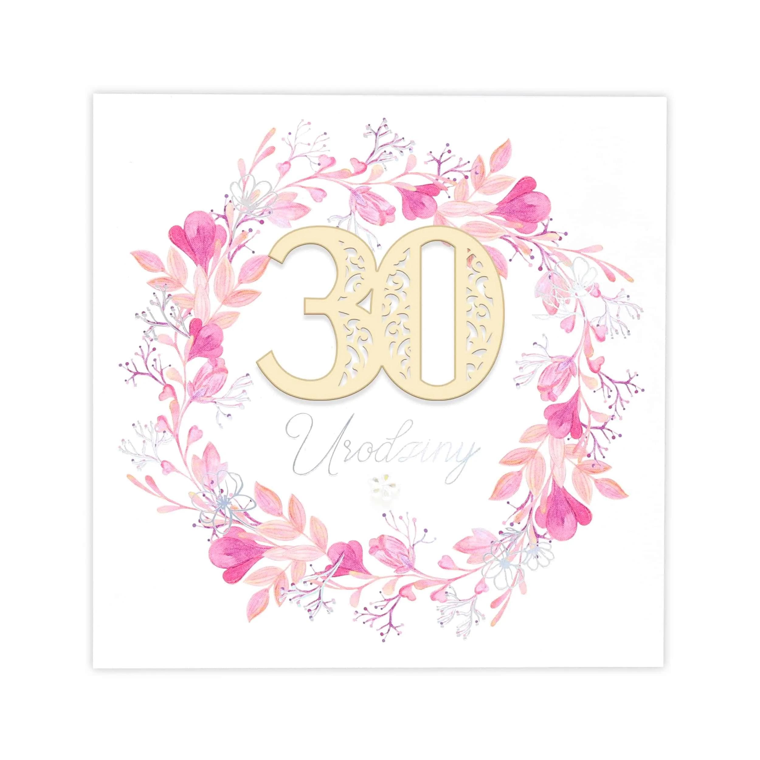 Kartka na urodziny, akwarelowe kwiatki, ozdobny papier, ażurowa cyfra 30 kartonik, eko, rustykalna, różowa