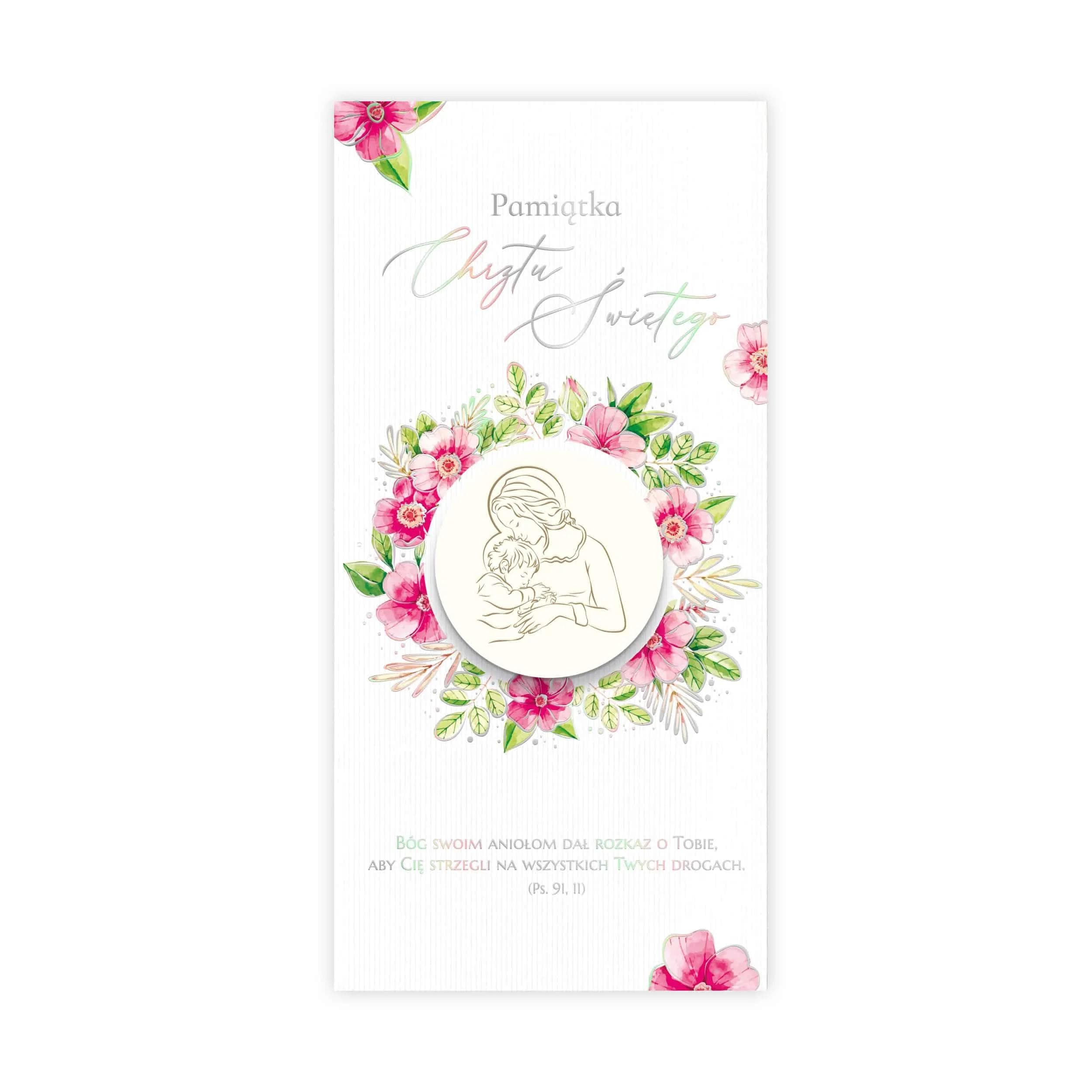 Kartka na chrzest z akwarelowymi kwiatami i drewnianym grawerowanym elementem ozdobnym. Wzór różowy z Maryją i Jezusem.