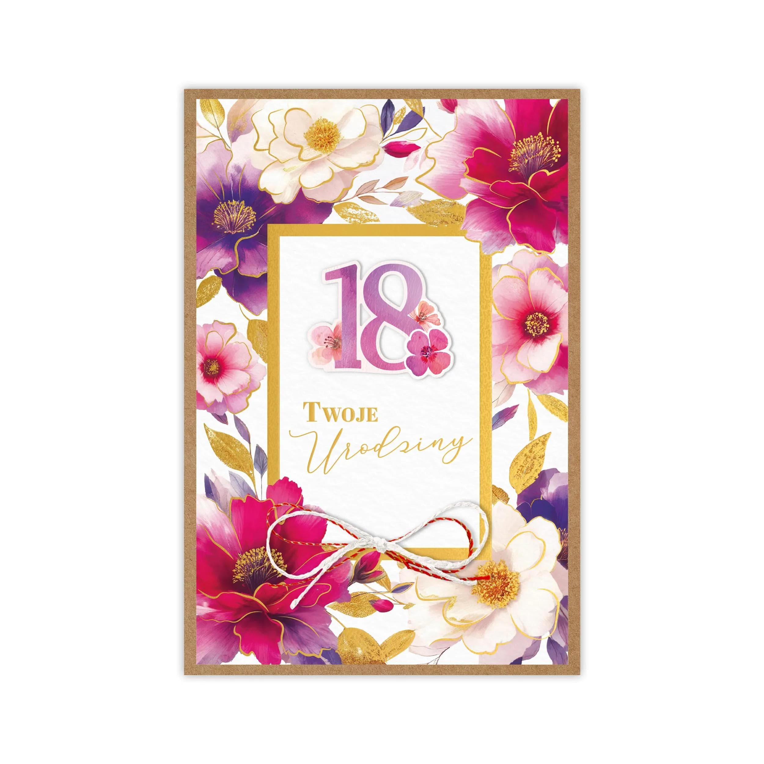 W rustykalnym klimacie, z papierem kraft i akwarelowymi kwiatami, ta kartka zachwyca spójnym, eko-boho charakterem. Jej sercem jest przestrzenna cyfra z drewnianej sklejki oraz ręcznie wiązana kokardka ze sznurka jutowego. Czerwone i fioletowe kwiaty.