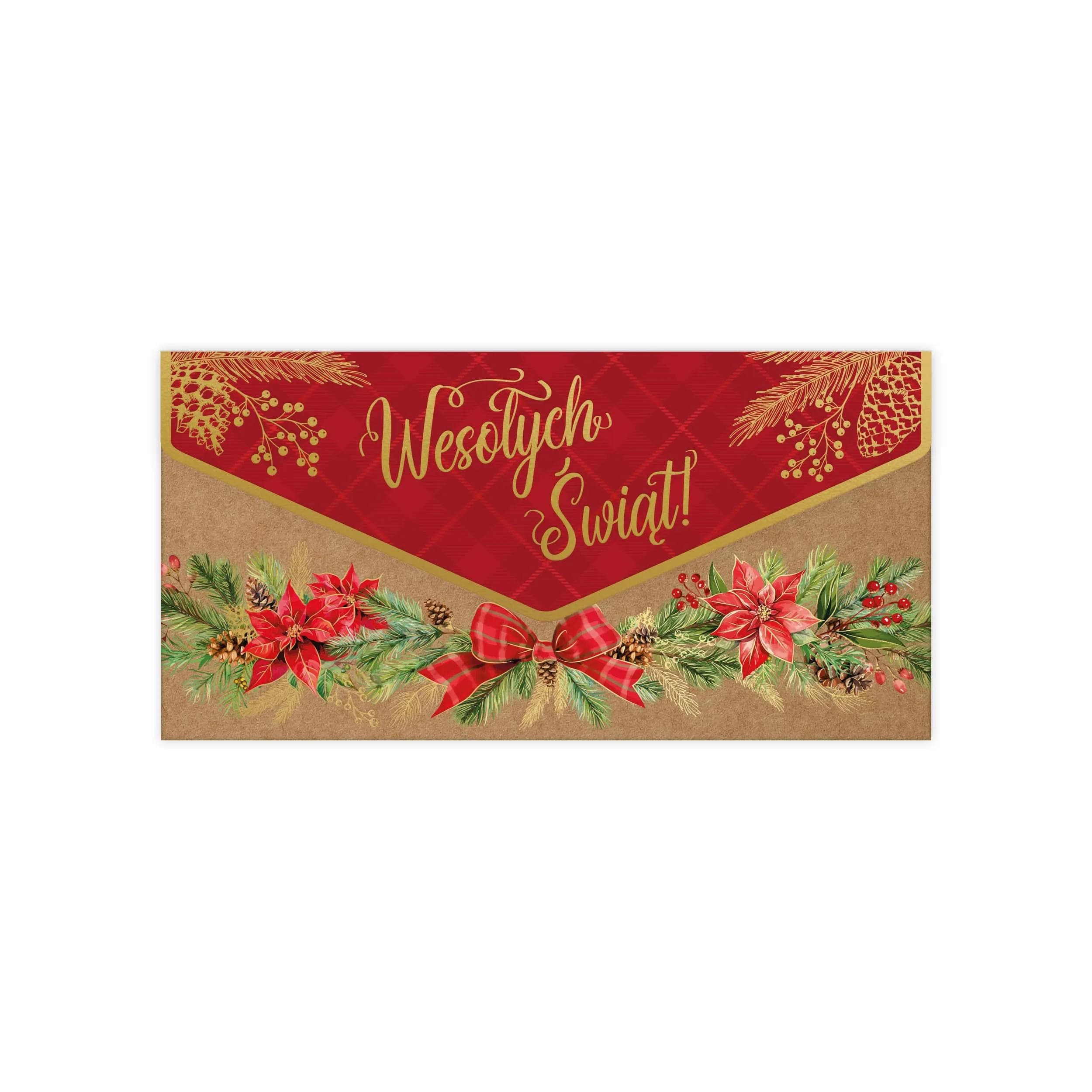 Kraftowa ozdobna koperta bożonarodzeniowa na pieniądze, vouchery i karty podarunkowe z poinsecjami i złoconym napisem Wesołych Świąt.