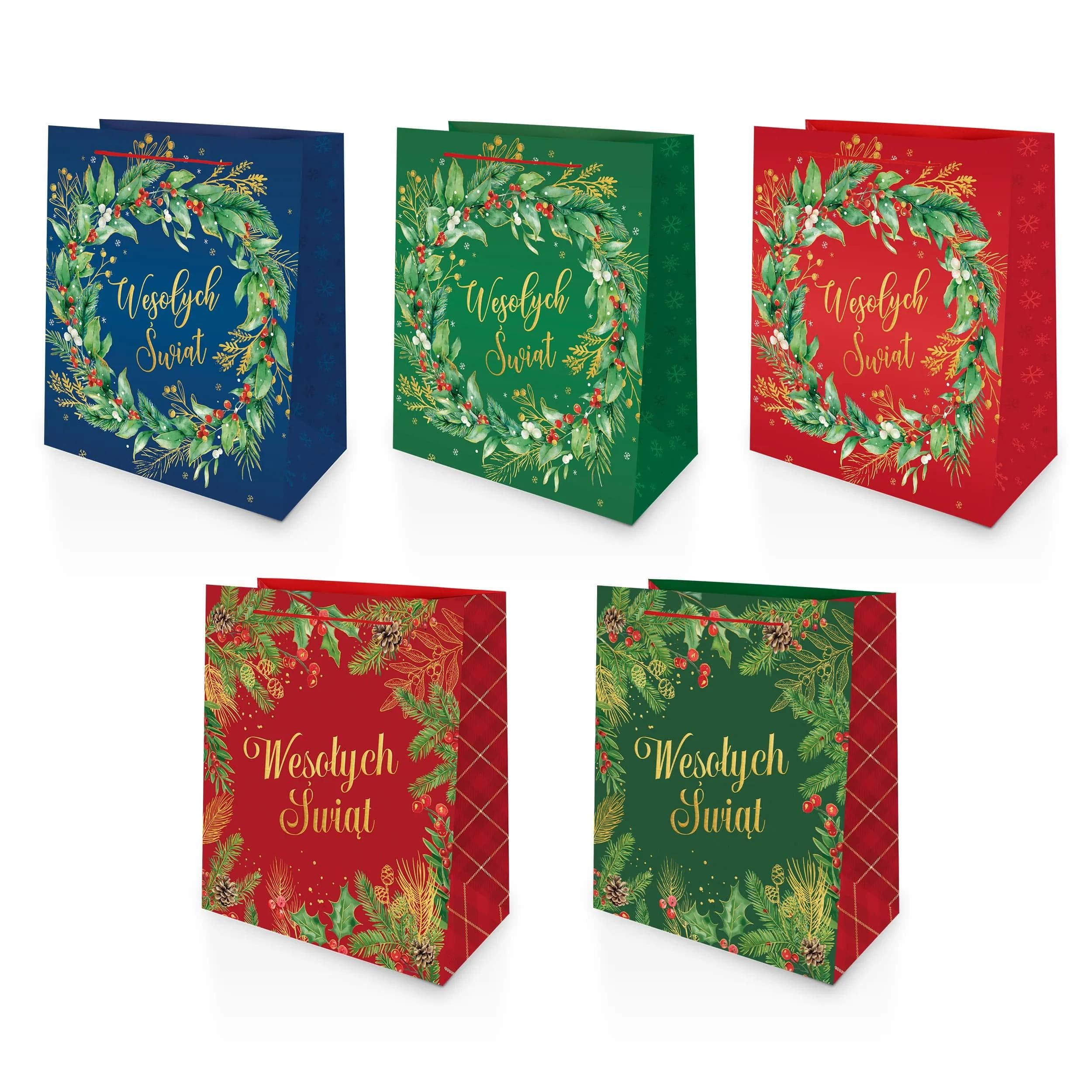 Komplet świątecznych toreb prezentowych A5 z napisem „Wesołych Świąt” – mix 5 wzorów w kolorach granatowym, zielonym i czerwonym z motywem wieńca i świątecznych gałązek.