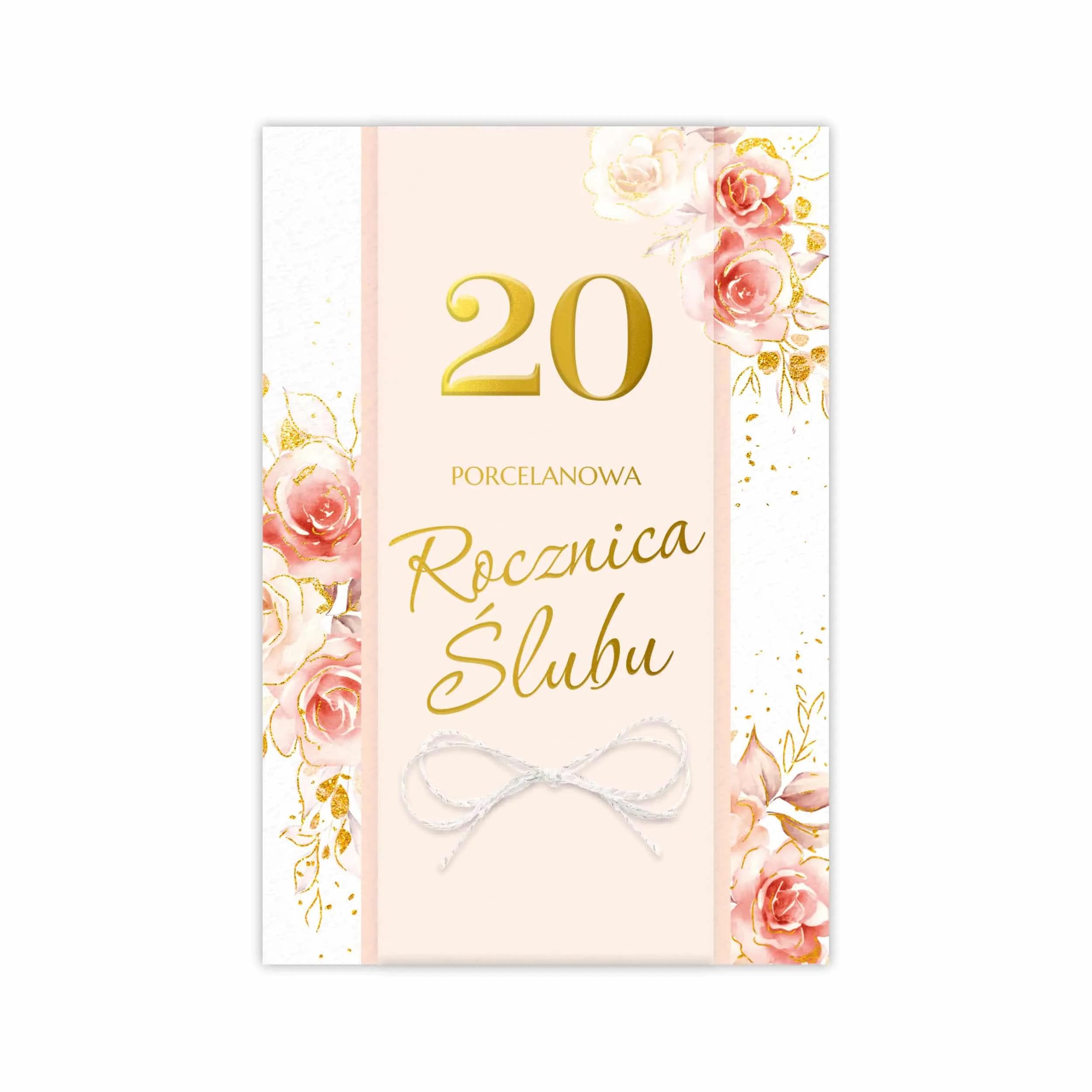 Elegancka kartka B6 LUX na 20 Rocznicę Ślubu z ozdobnym papierem, złoceniem, kalką i kokardką z białego sznurka ze złotymi akcentami. W środku gotowe życzenia i miejsce na dedykację.
