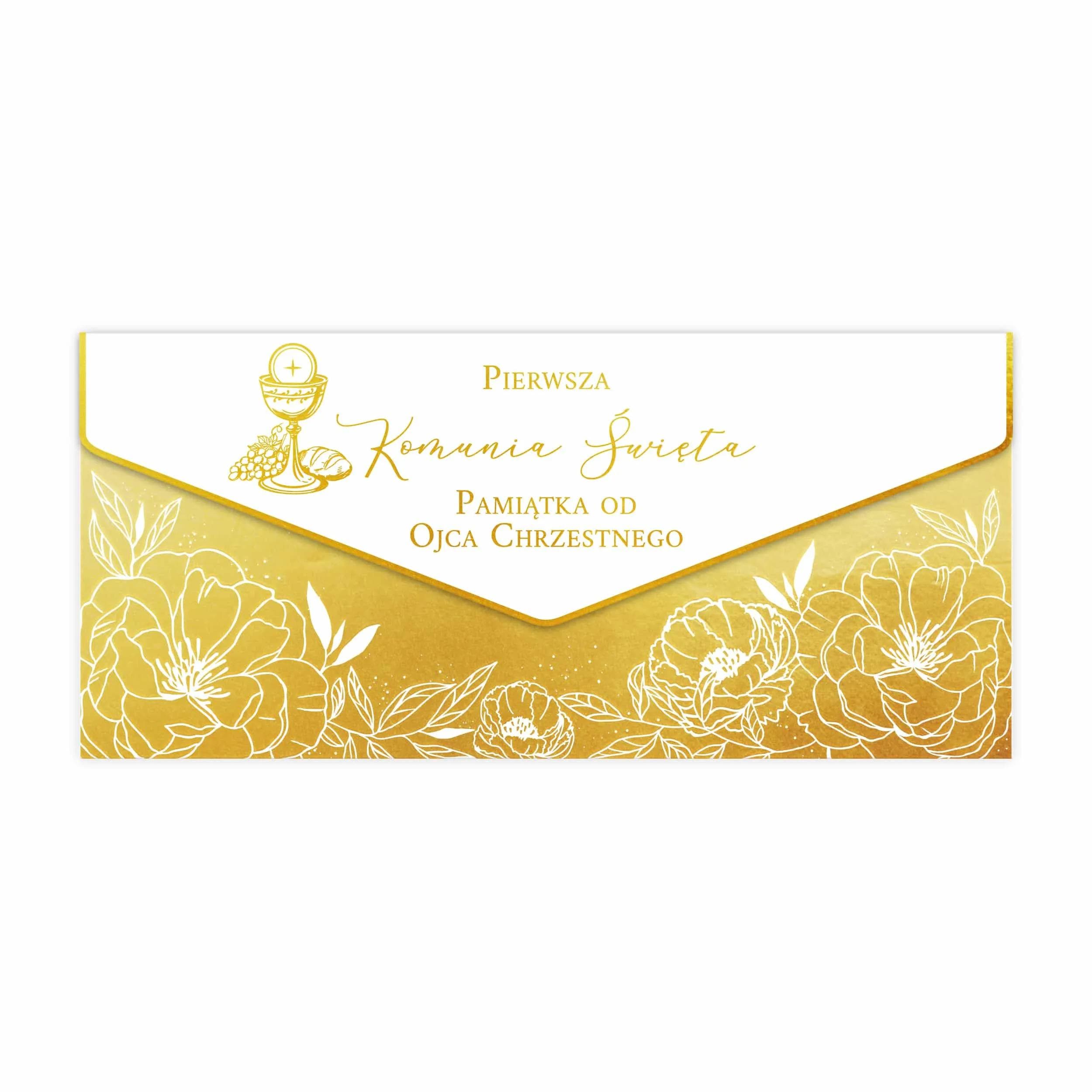 Zdjęcie przedstawia elegancki karnet PREMIUM od Ojca Chrzestnego na Pierwszą Komunię Świętą wraz ze złotą ozdobną kopertą, udekorowaną delikatnym motywem kwiatowym. Kartka posiada subtelne złocenia oraz symbol kielicha komunijnego, co podkreśla jej uroczysty charakter. Całość wygląda stylowo i luksusowo.