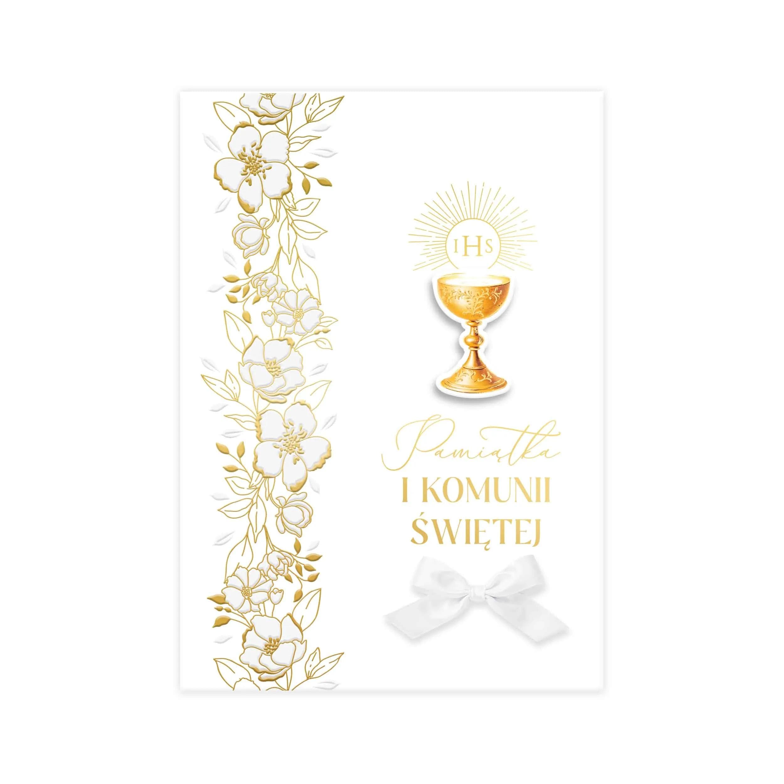 Okładka złoconego albumu na I Komunię Świętą z kielichem i złoceniami.