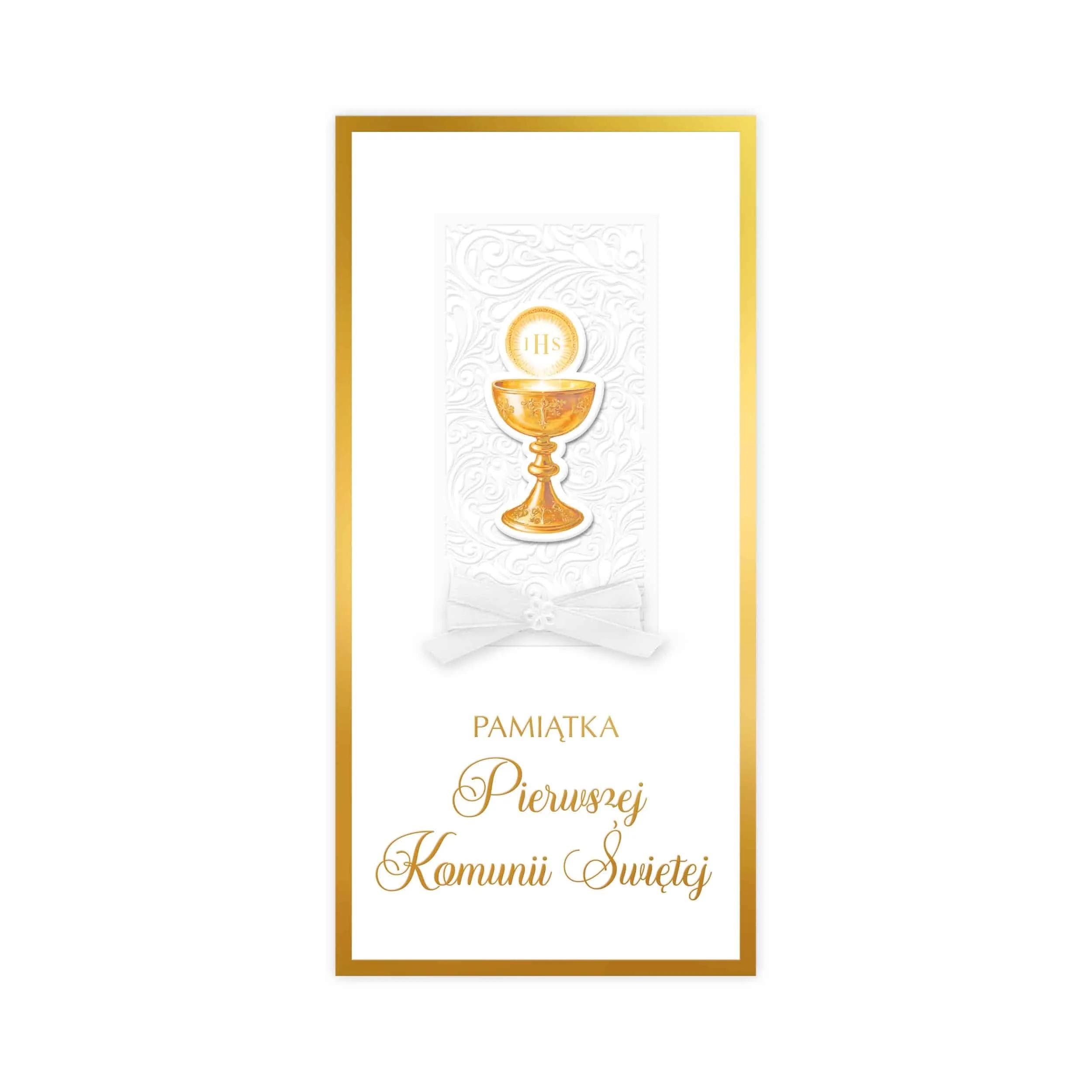Kartka z okazji I Komunii Św., biała, tłoczona, złocenie, złoty kielich z ramką