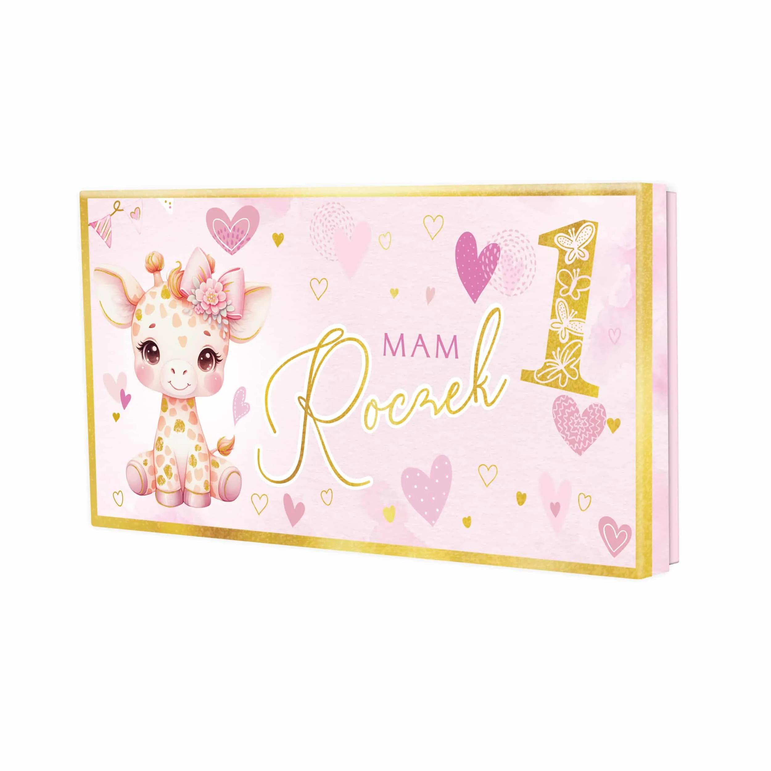 Pudełko prezentowe dla dzieci, wąskie, akwarelowe kolory, idealne na pieniądze, karty podarunkowe i vouchery! Wzór z żyrafą na Pierwsze Urodzinki.