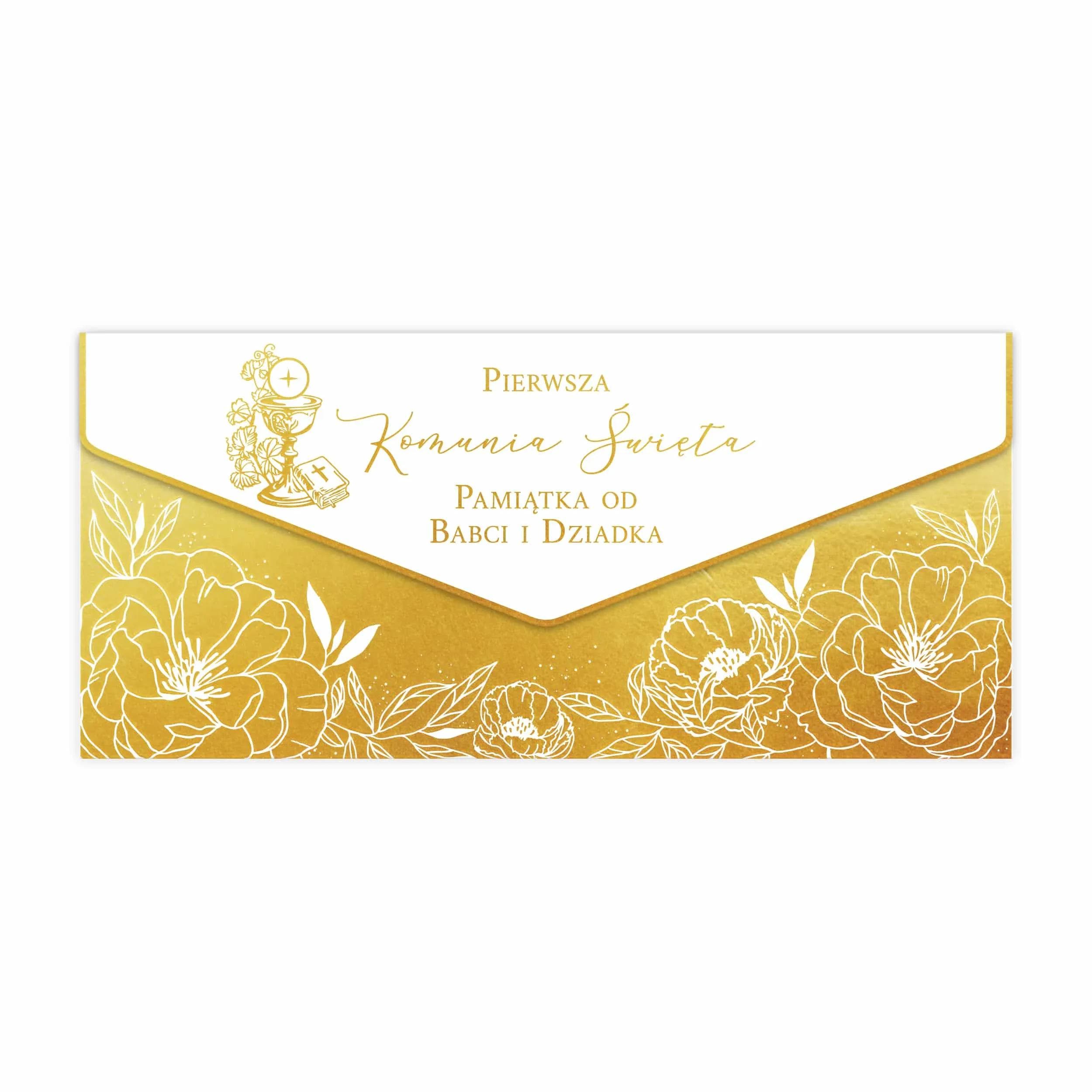 Zdjęcie przedstawia elegancki karnet PREMIUM od Babci i Dziadka na Pierwszą Komunię Świętą wraz ze złotą ozdobną kopertą, udekorowaną delikatnym motywem kwiatowym. Kartka posiada subtelne złocenia oraz symbol kielicha komunijnego, co podkreśla jej uroczysty charakter. Całość wygląda stylowo i luksusowo.