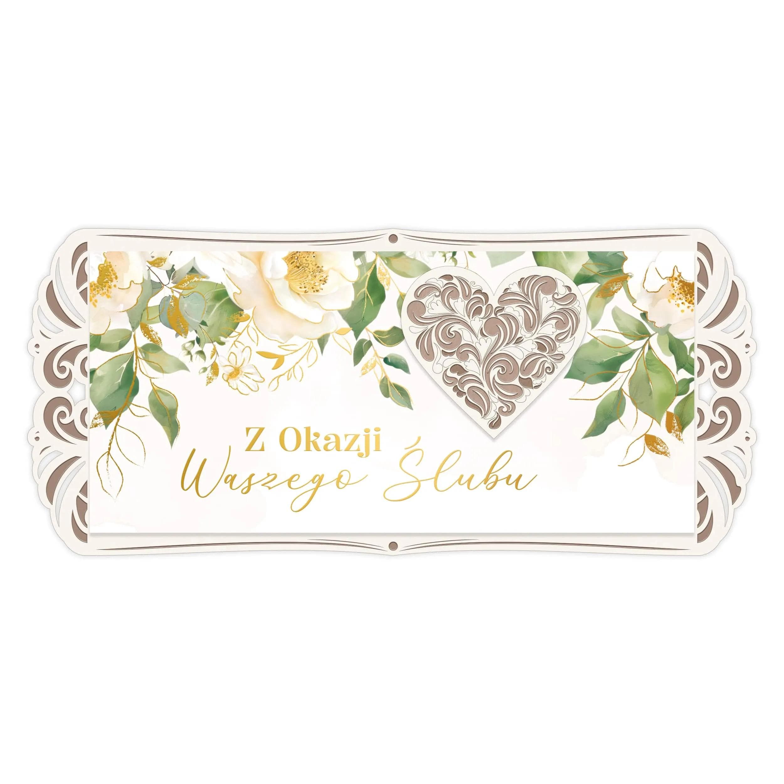 Wyjątkowy karnet DL DG to harmonijne połączenie kremowego, ozdobnego papieru ze złoceniami oraz starannie grawerowanego drewna. Kartka przedstawia akwarelowe kwiaty i grawerowane serce z drewna.