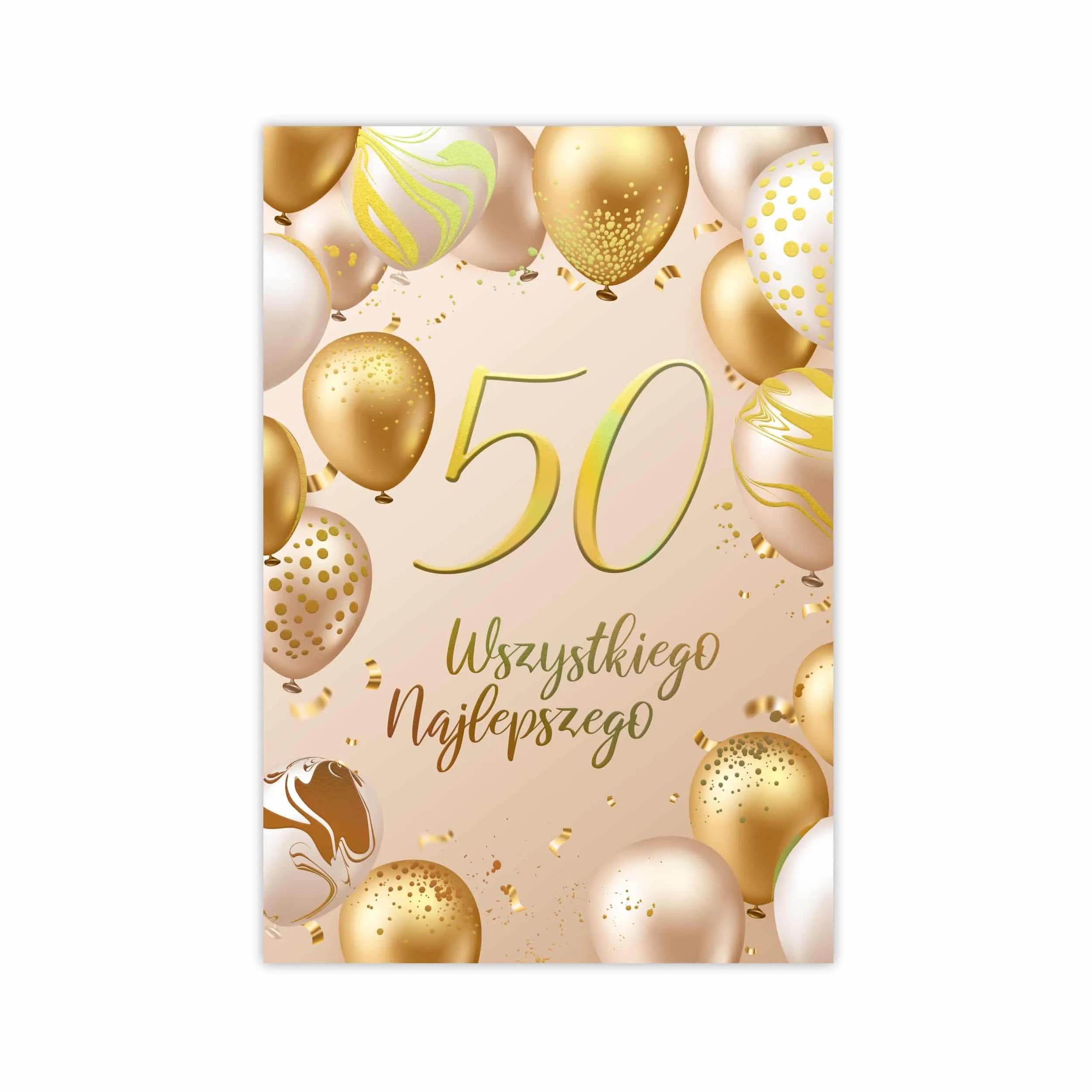 Elegancka kartka urodzinowa na 50 urodziny w formacie B6 zachwyca subtelnym, beżowym tłem i luksusowymi złoceniami. Dominującym elementem jest duża, złocona cyfra – tłoczona i uszlachetniona folią w odcieniu szlachetnego złota, która nadaje całości wyrazistego charakteru i trójwymiarowego efektu.