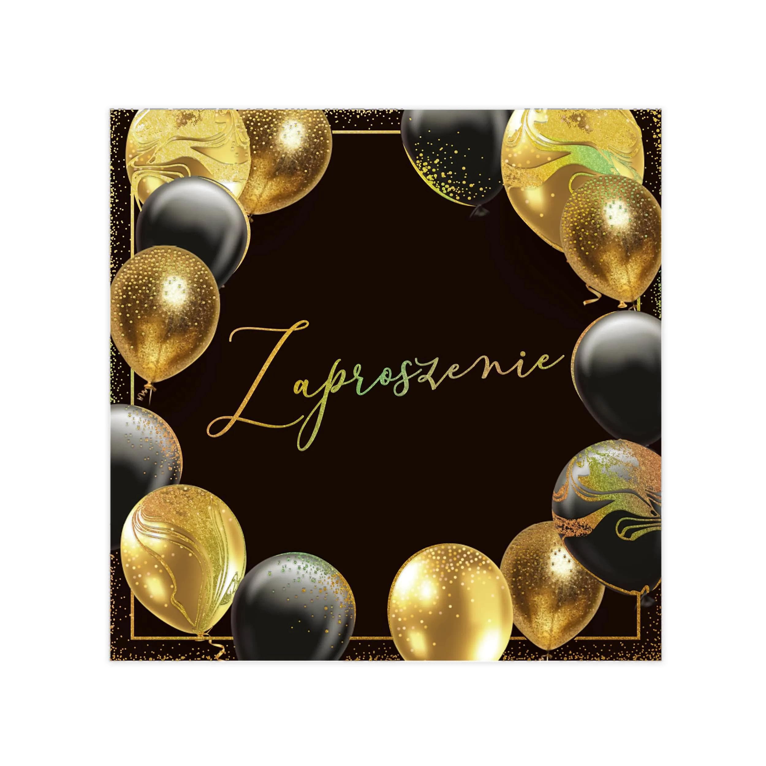 Zaproszenie urodzinowe w czarno-złotej kolorystyce z balonami i eleganckim złoceniem, uniwersalny wzór premium.