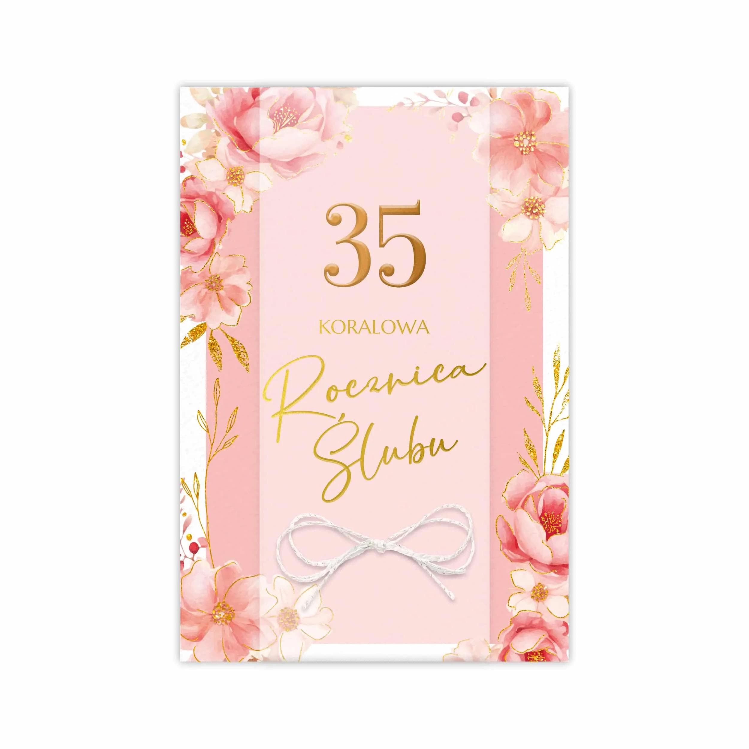 Elegancka kartka B6 LUX na 35 Rocznicę Ślubu z ozdobnym papierem, złoceniem, kalką i kokardką z białego sznurka ze złotymi akcentami. W środku gotowe życzenia i miejsce na dedykację.