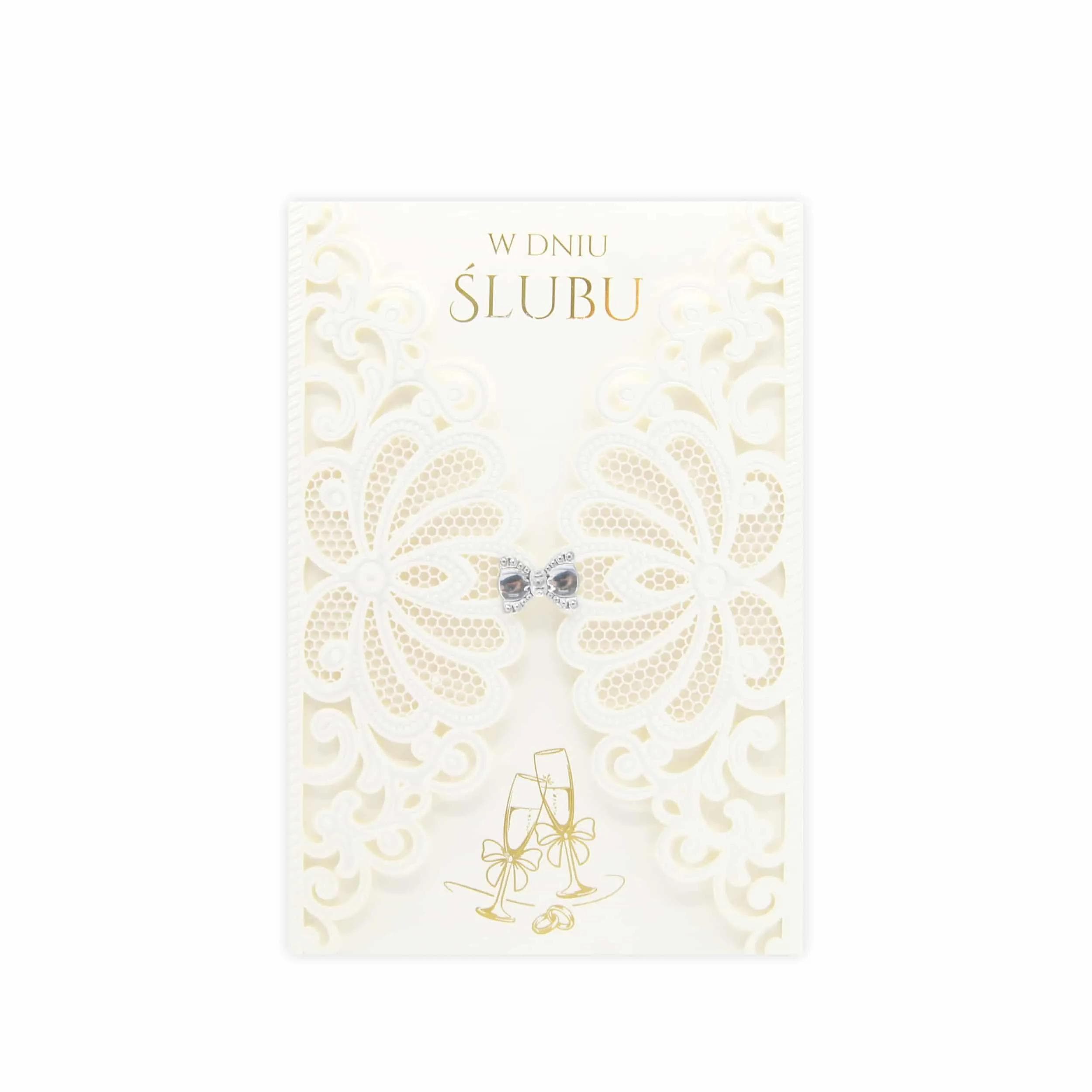 Kartka z koronkową wycinanką z okazji ślub, kieliszki złocone