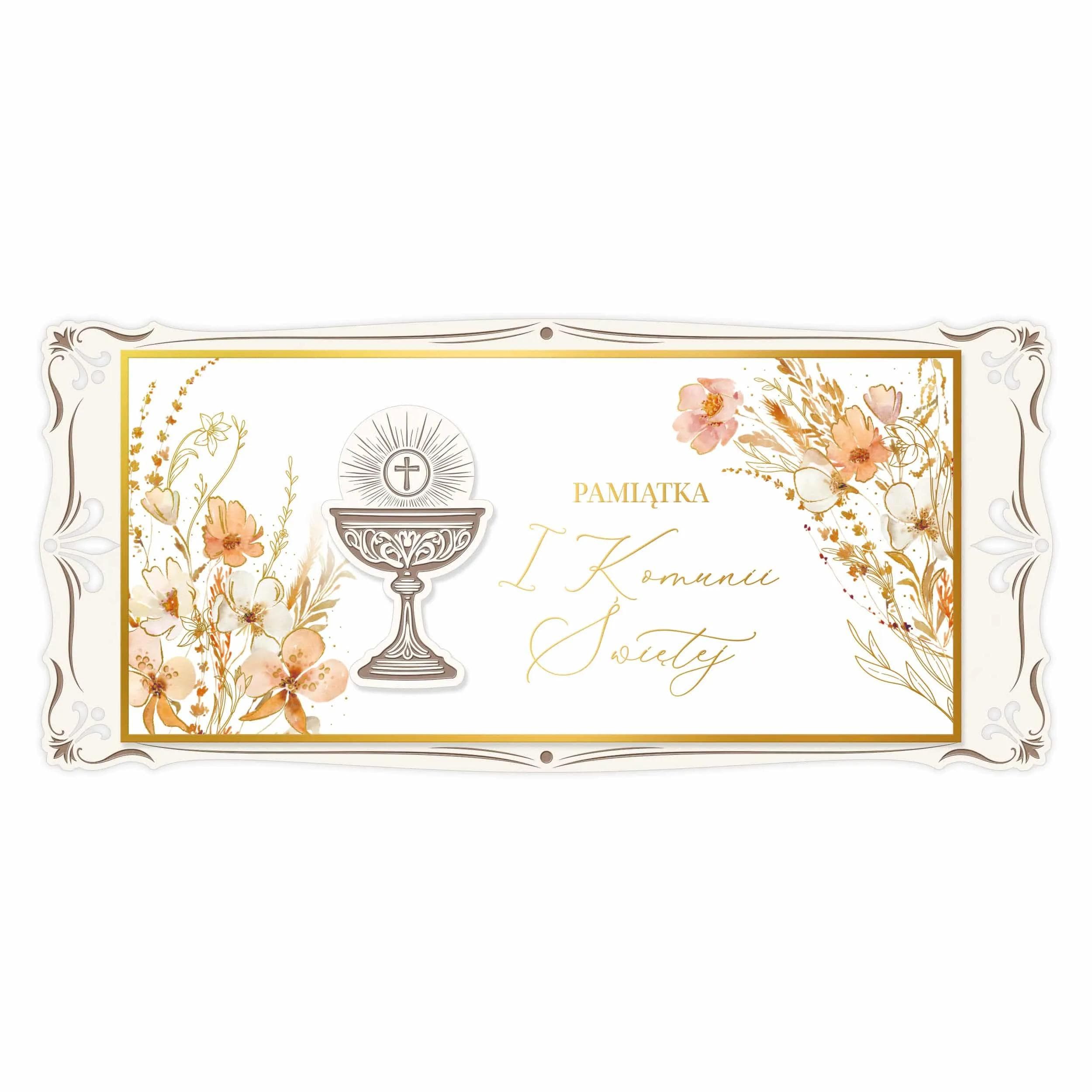 Kartka na I Komunię Święta na drewnianym grawerowanym podkładzie, boho, rustykalna, akwarelowe kwiaty, drewniany kielich, beżowa kolorystyka
