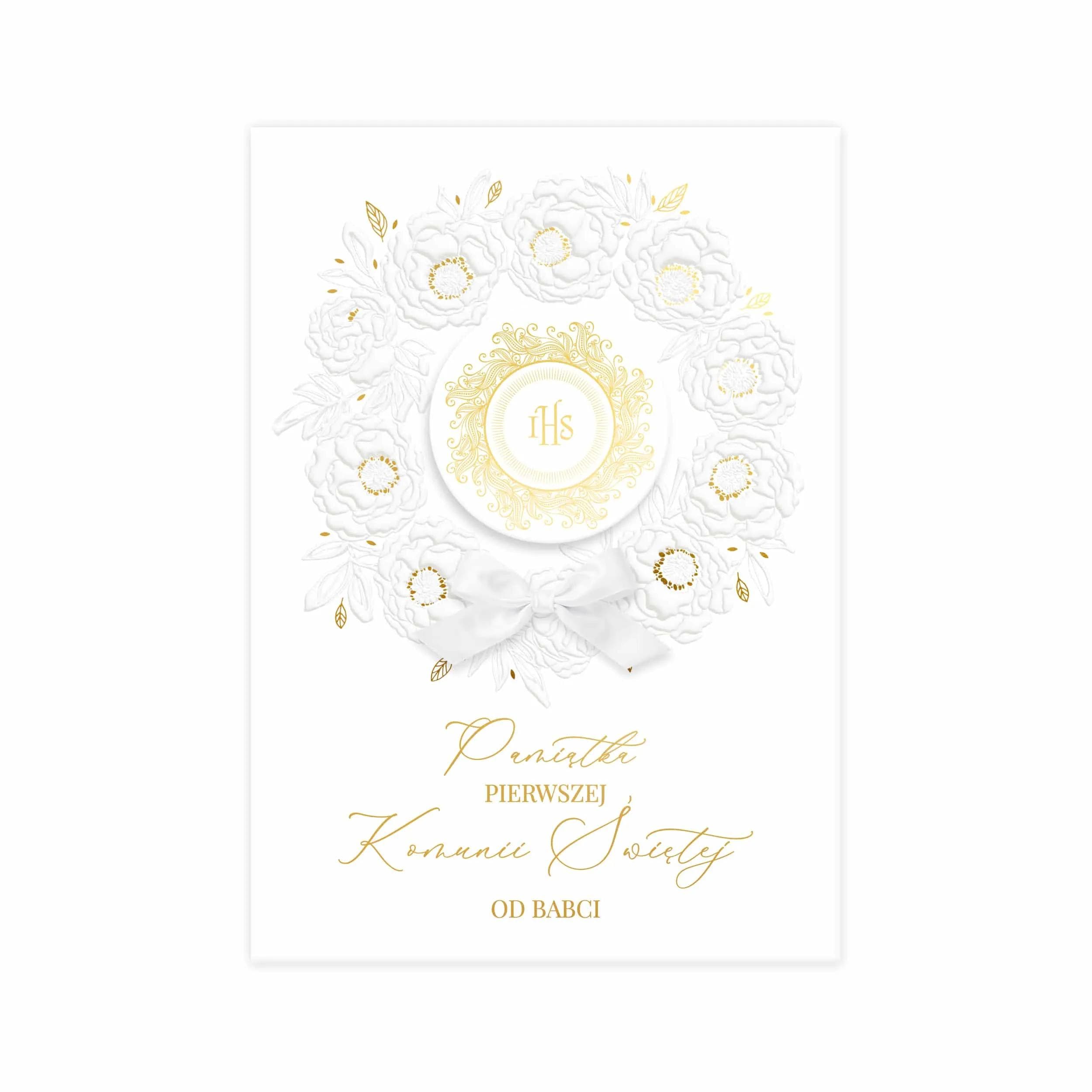 Okładka złoconego albumu na I Komunię Świętą z hostią.