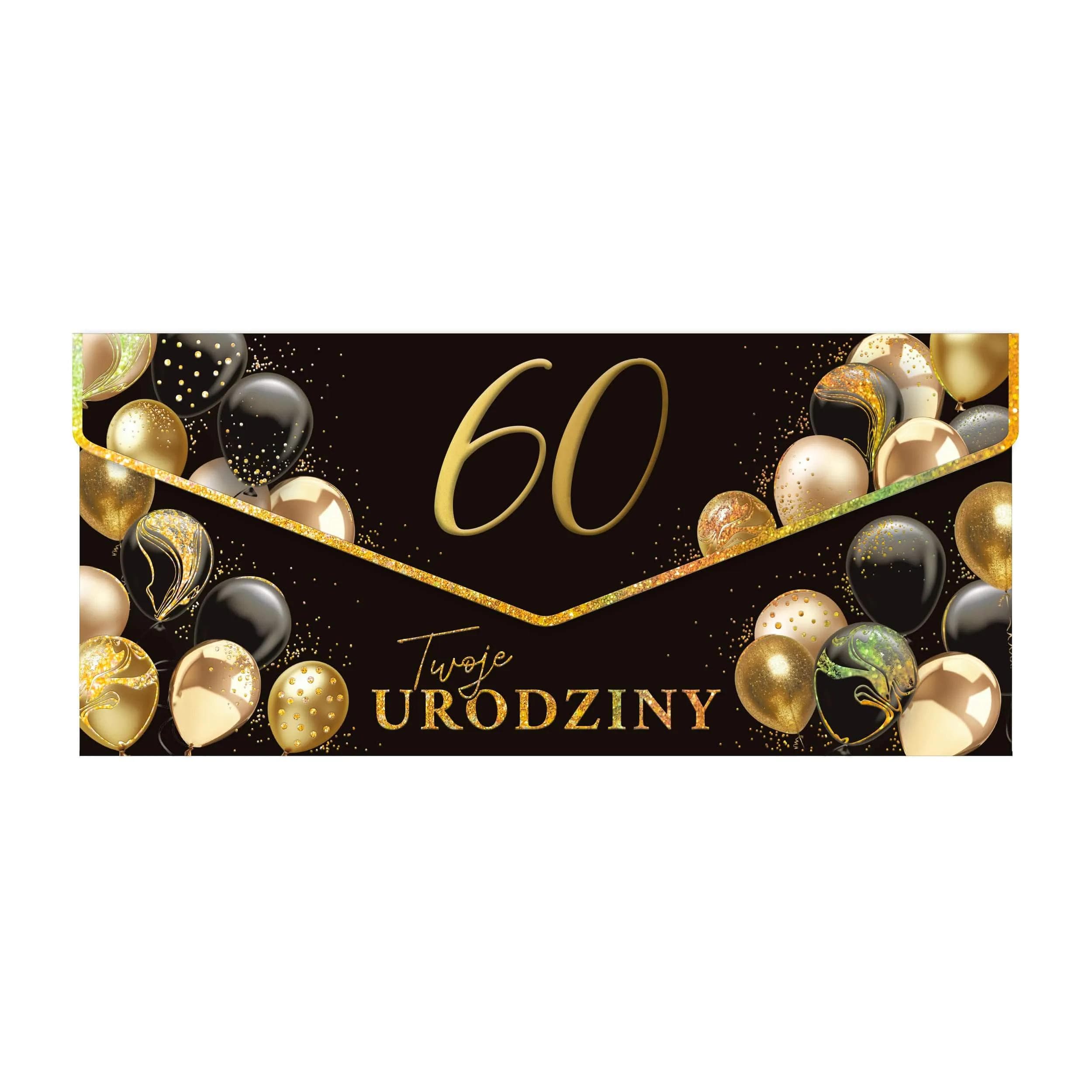 Elegancka koperta premium na urodziny w kolorze czarnym, z dużą, złoconą i tłoczoną cyfrą na froncie. Połyskujące złocenia nadają jej ekskluzywny charakter. Na 60 urodziny.