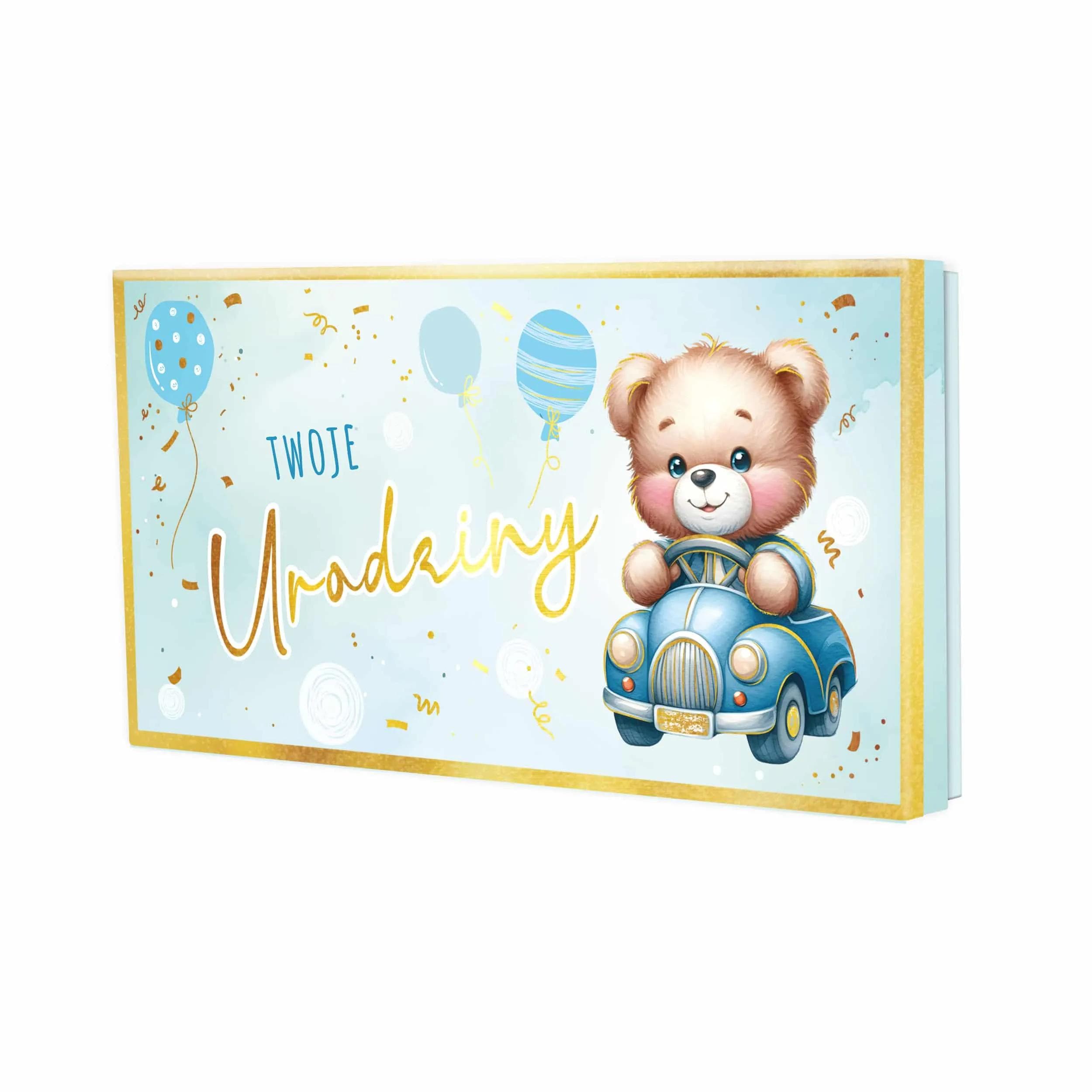 Pudełko prezentowe dla dzieci, wąskie, akwarelowe kolory, idealne na pieniądze, karty podarunkowe i vouchery! Wzór z misiem dla chłopca.