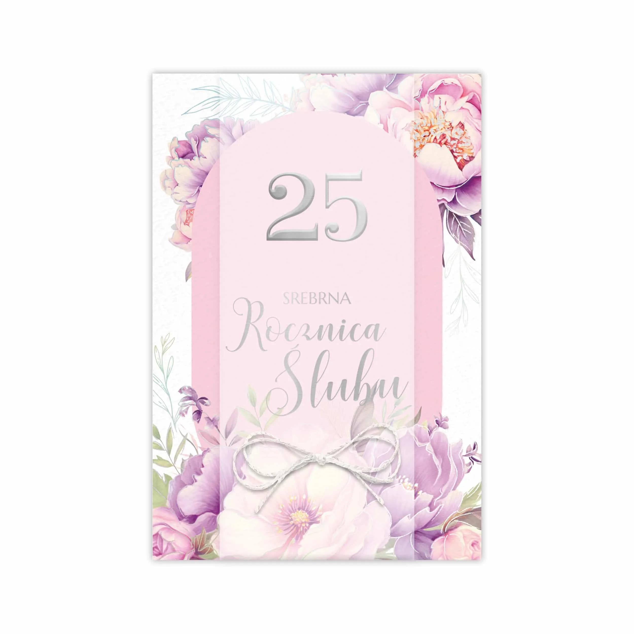 Elegancka kartka B6 LUX na 25 Rocznicę Ślubu z ozdobnym papierem, złoceniem, kalką i kokardką z białego sznurka ze złotymi akcentami. W środku gotowe życzenia i miejsce na dedykację.