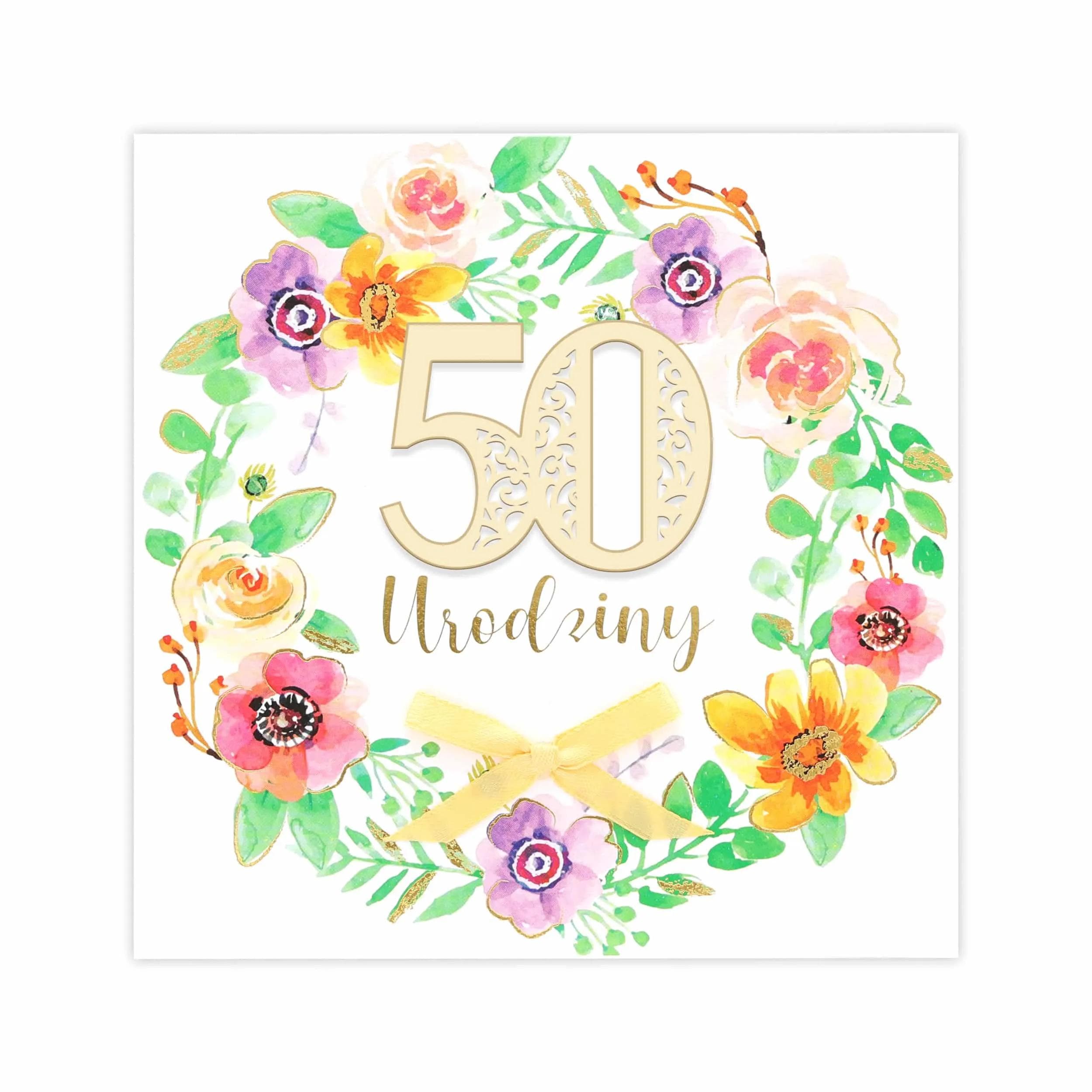 Kartka na urodziny, akwarelowe kwiatki, ozdobny papier, kolorowa, 50