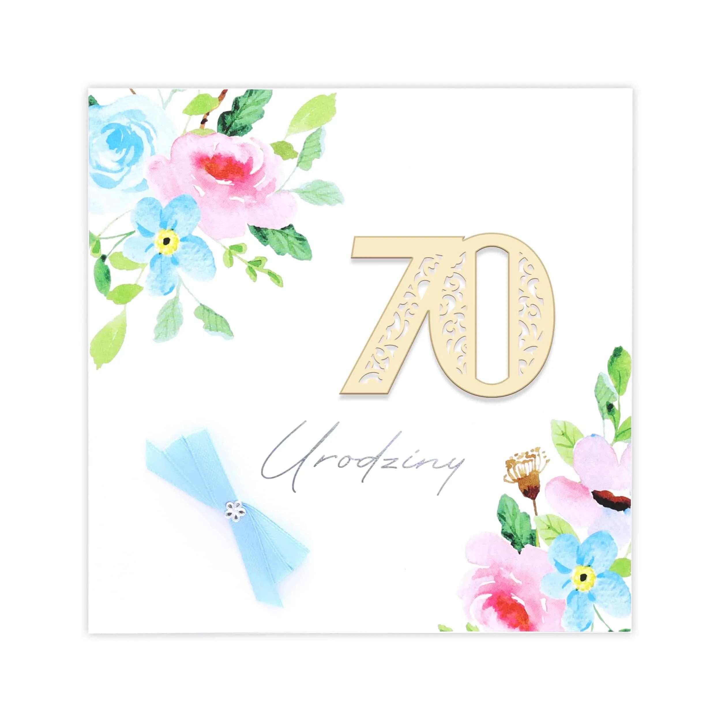 Kartka na urodziny, akwarelowe kwiatki, ozdobny papier, różowa, 70